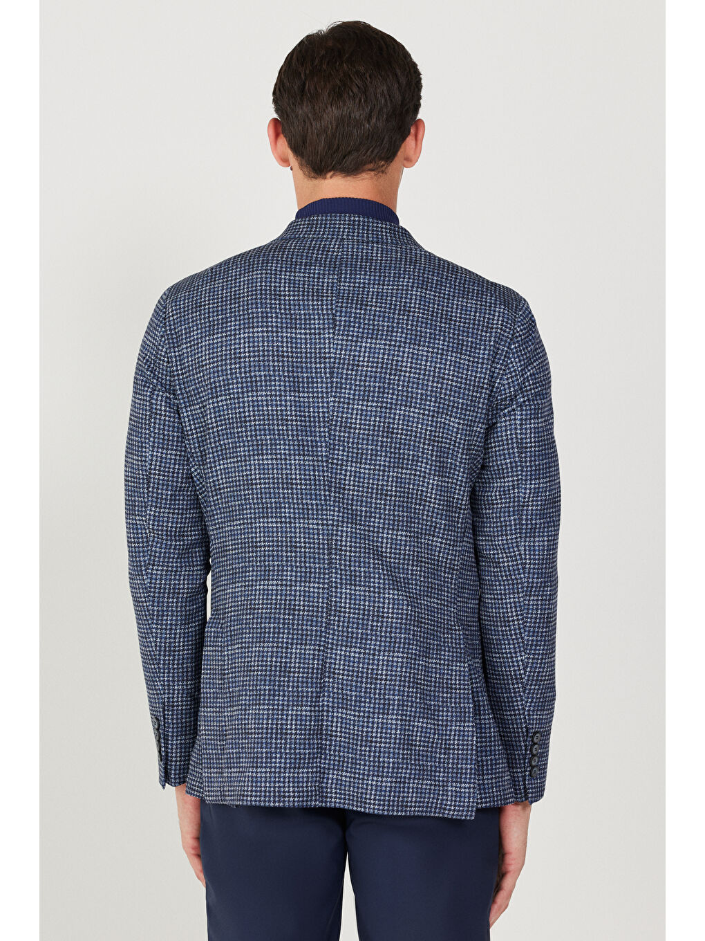 Erkek Lacivert-Beyaz Kırışmaz Katlanabilir Magic Fit Mono Yaka Kazayağı Desenli Travel Ceket-5