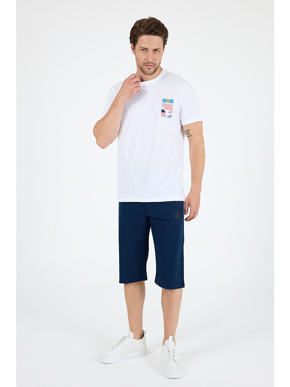 Beyaz Erkek %100 Pamuk Bisiklet Yaka Kısa Kollu Baskılı Tişört Rahat ve Günlük Tişört 0005-1