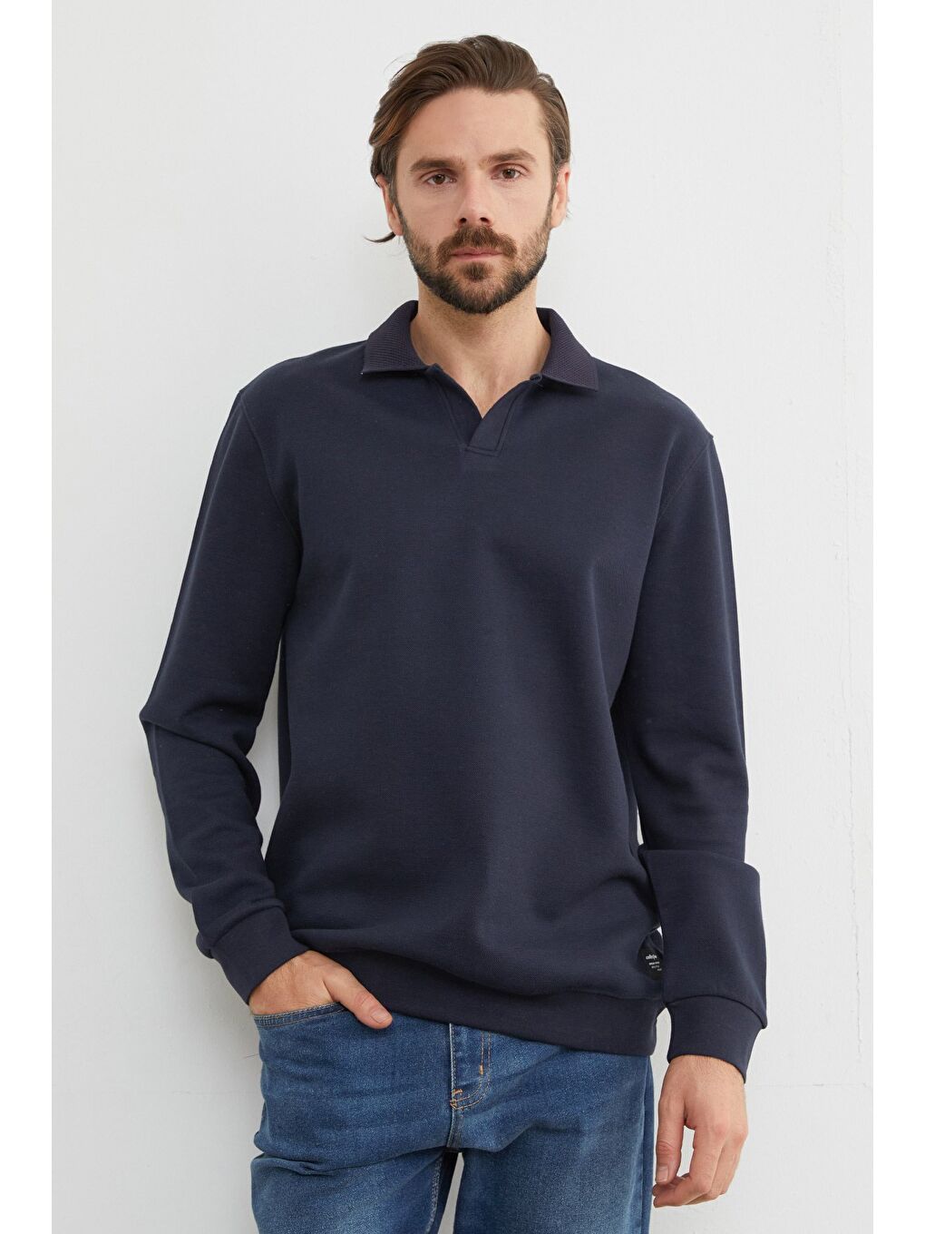 Lacivert Basic Polo Yaka Pike Büyük Beden Sweatshirt-1