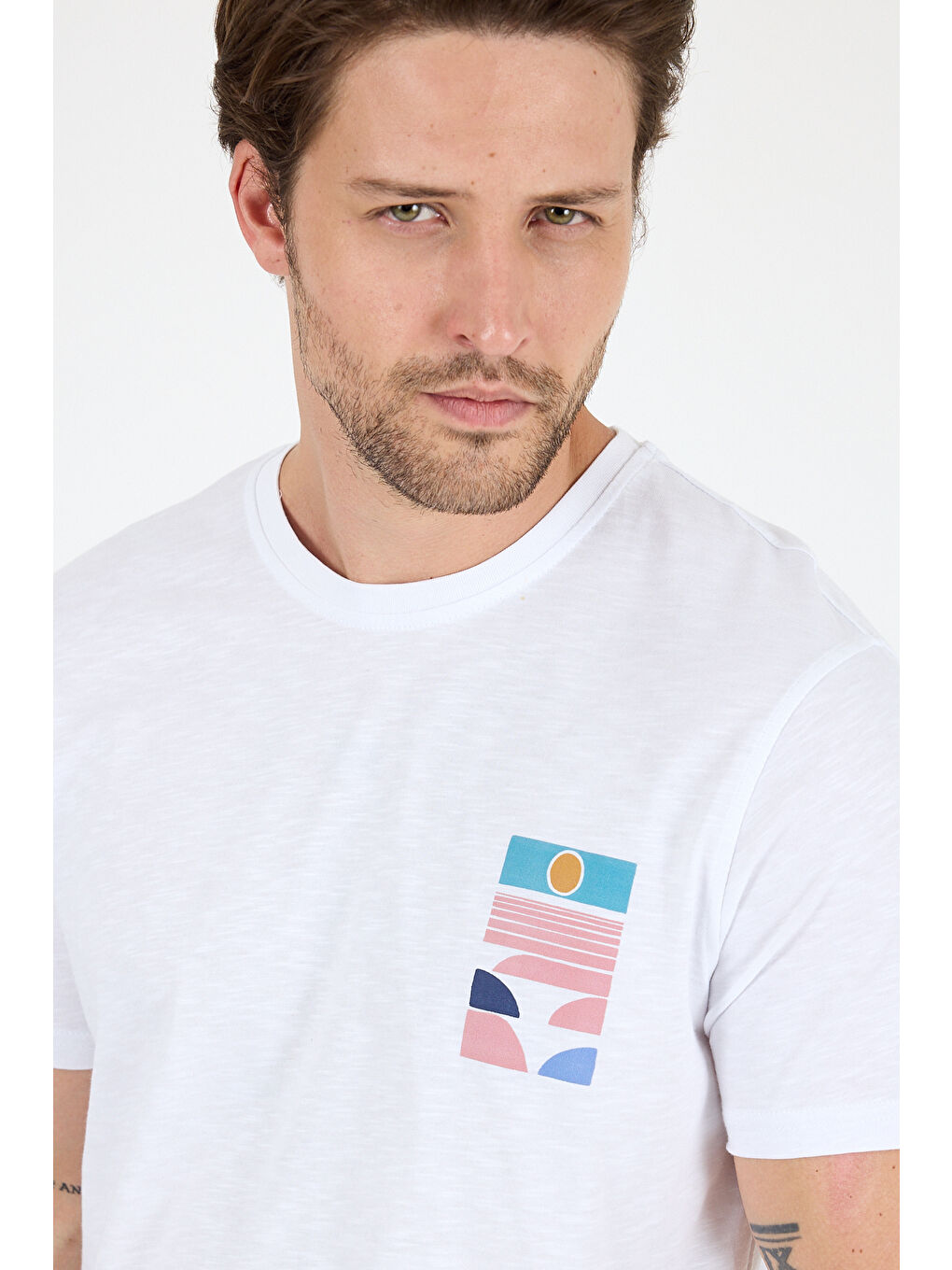 Beyaz Erkek %100 Pamuk Bisiklet Yaka Kısa Kollu Baskılı Tişört Rahat ve Günlük Tişört 0005-2