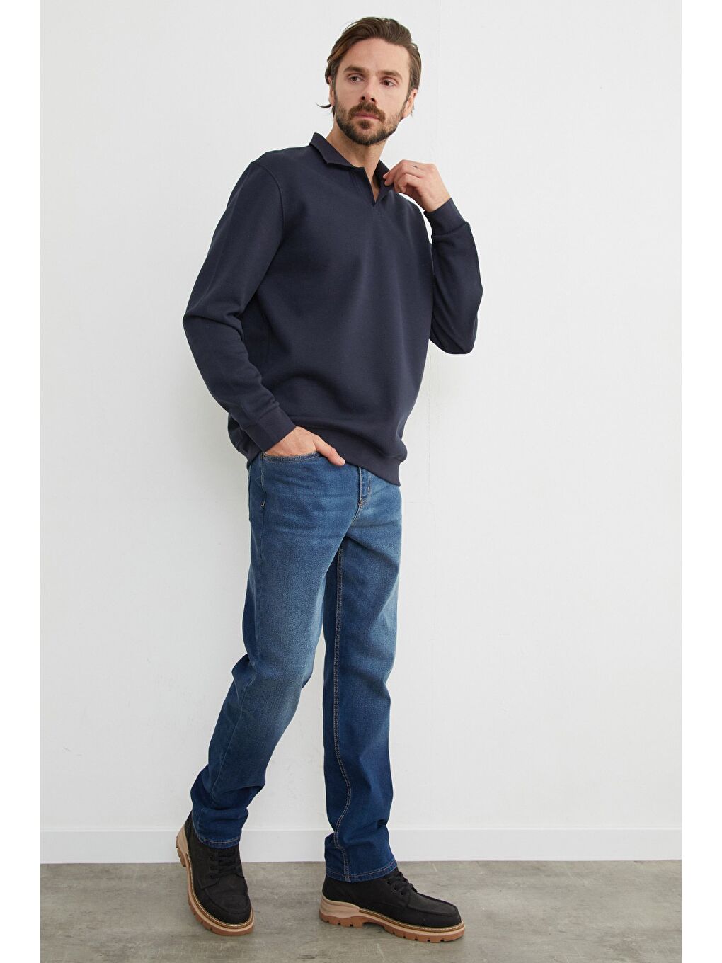 Lacivert Basic Polo Yaka Pike Büyük Beden Sweatshirt-2