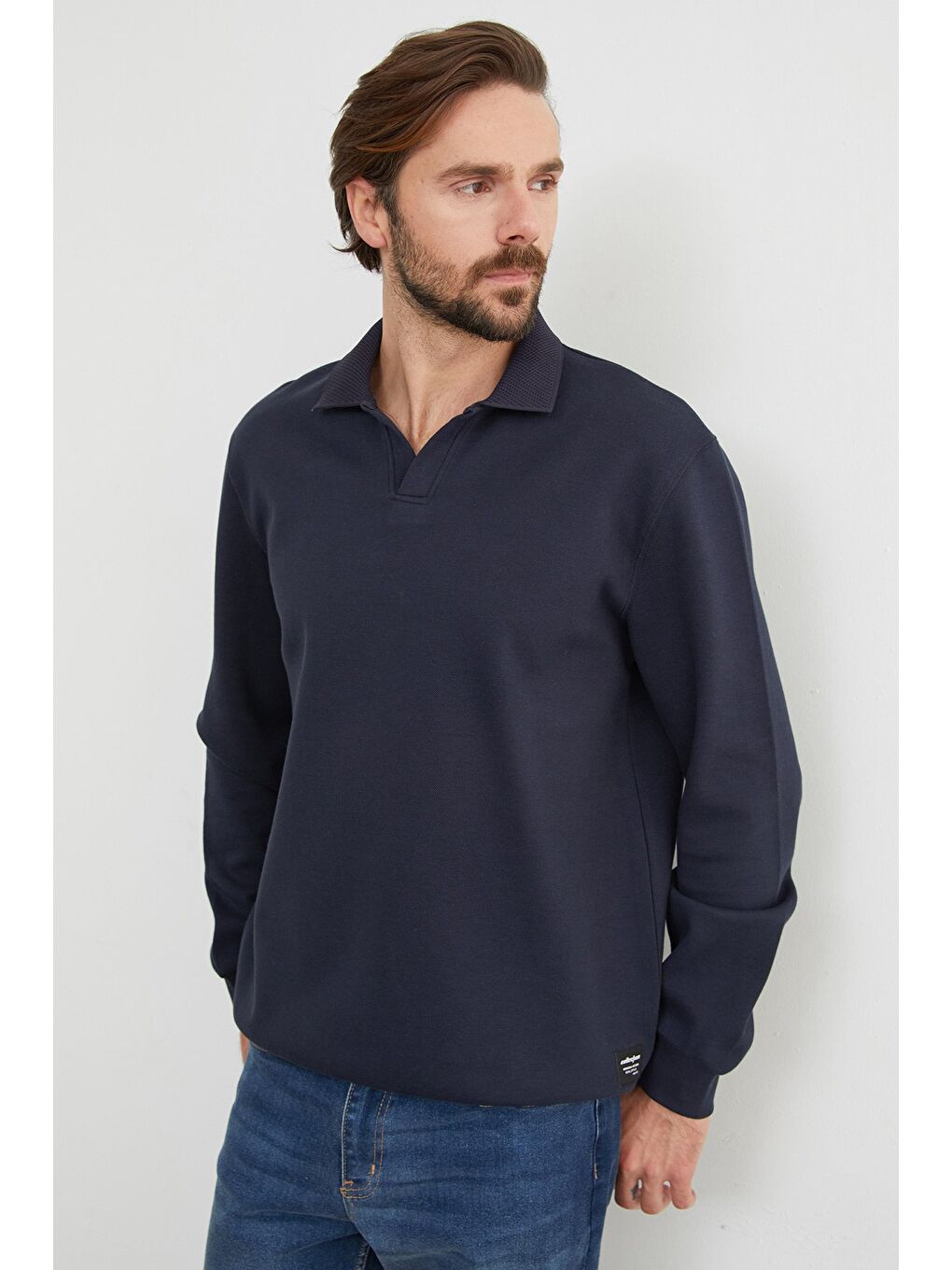 Lacivert Basic Polo Yaka Pike Büyük Beden Sweatshirt-4