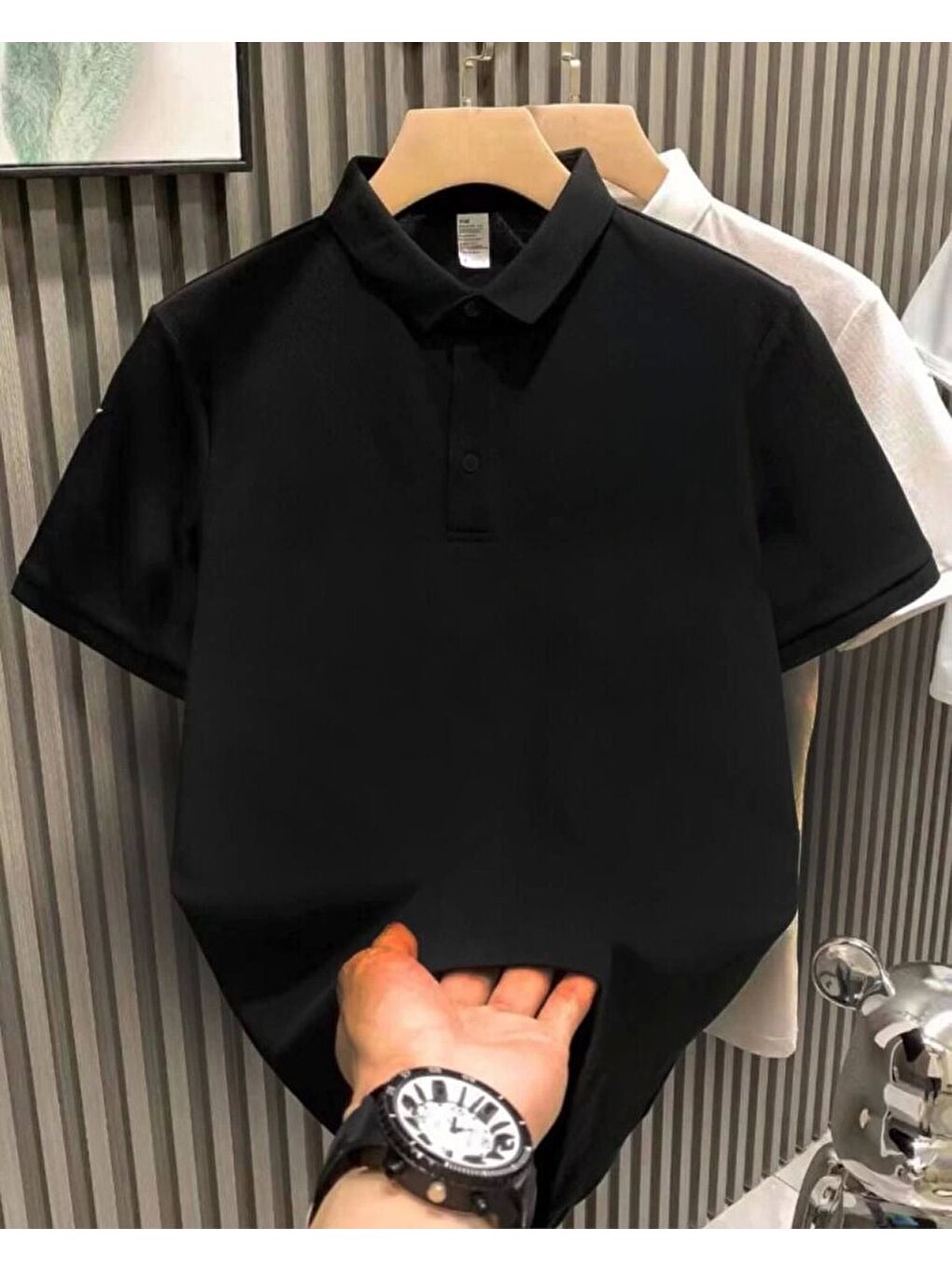 Yakası Düğmeli Yakalı Pike Düz T-Shirt - Siyah-1