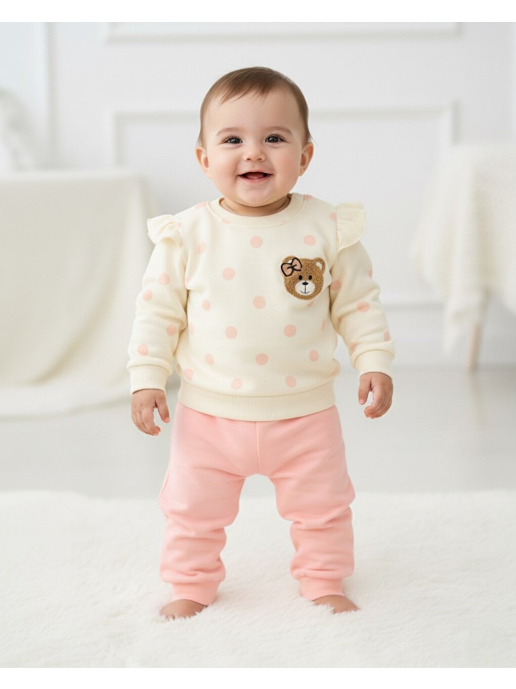 Pembe Kız Bebek Puantiyeli Ayıcık Nakışlı İnce Mevsimlik 1-2-3 Yaş Alt Üst Takım