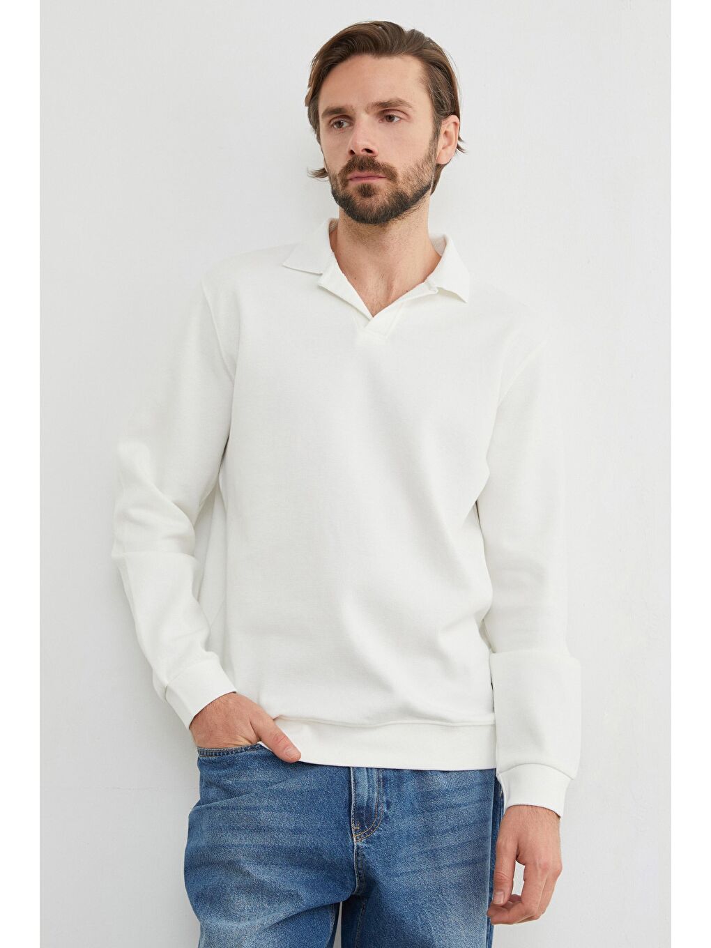 Ekru Basic Polo Yaka Pike Büyük Beden Sweatshirt