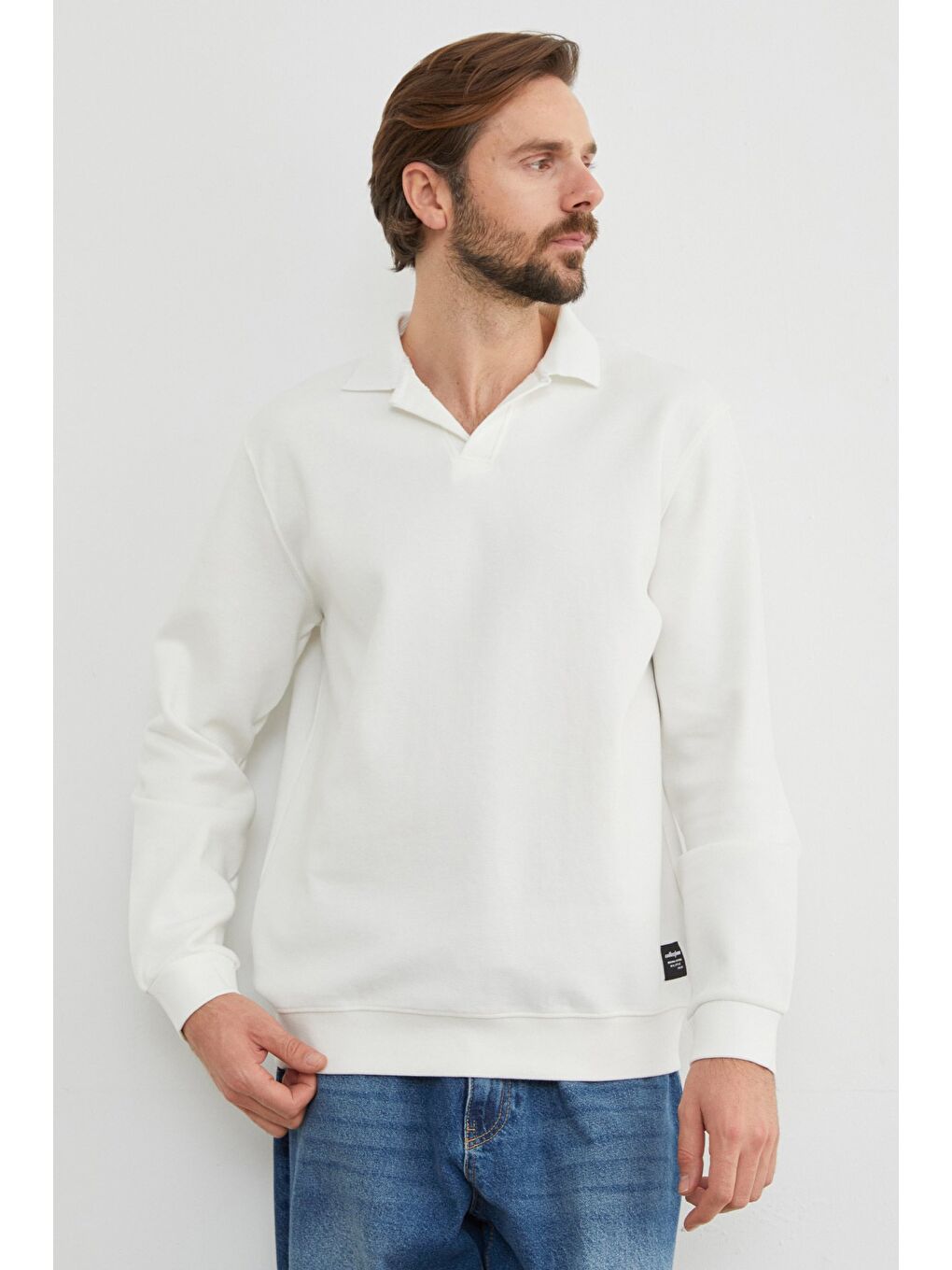 Ekru Basic Polo Yaka Pike Büyük Beden Sweatshirt-1