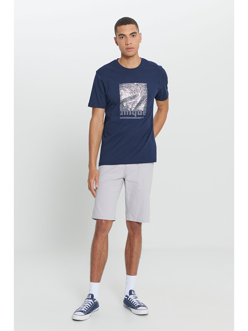 Erkek Lacivert Comfort Fit Rahat Kesim %100 Pamuk Bisiklet Yaka Tişört-1