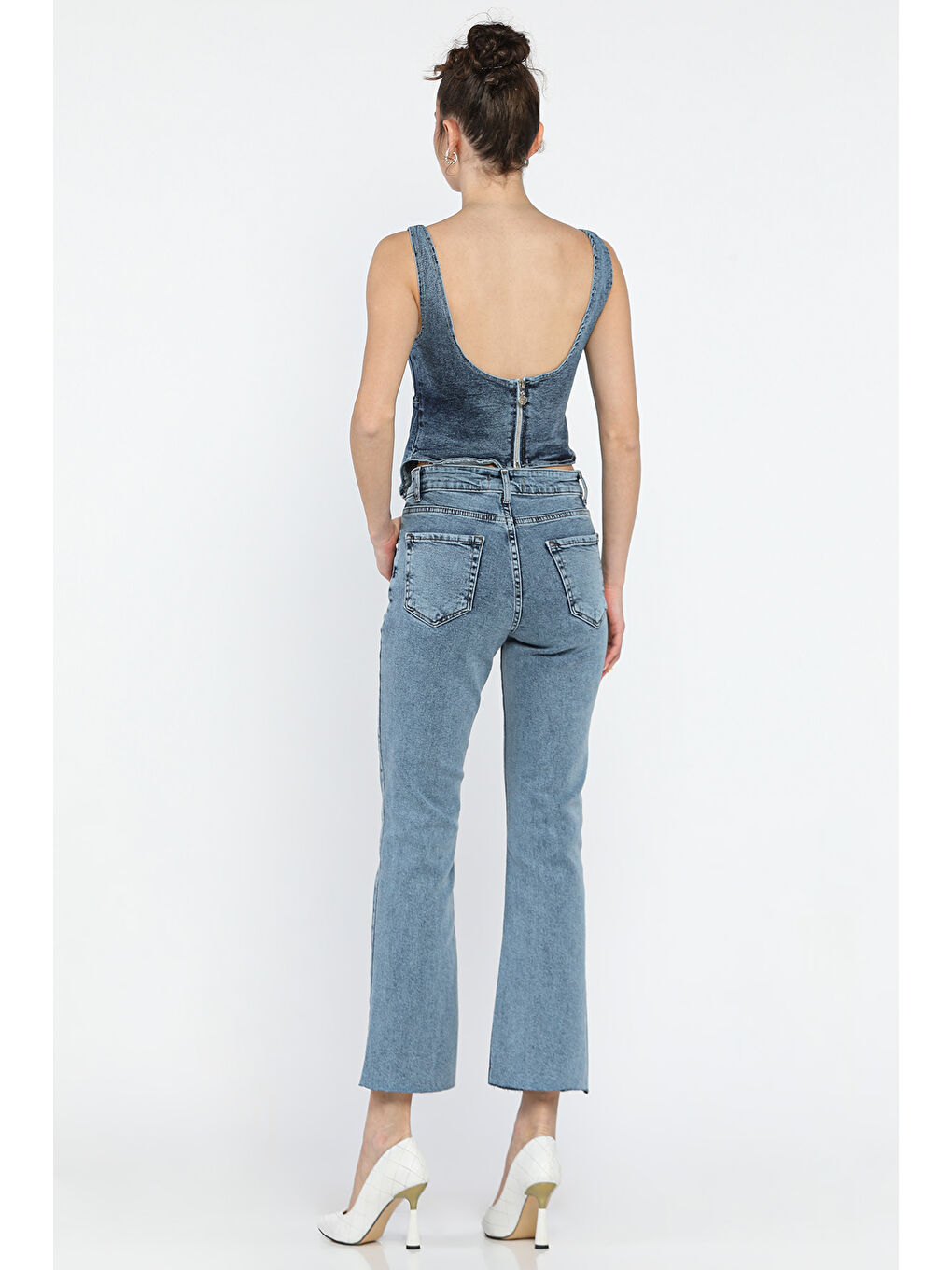 Mavi Kesik Paça Yüksek Bel Kadın Jean Pantolon-2