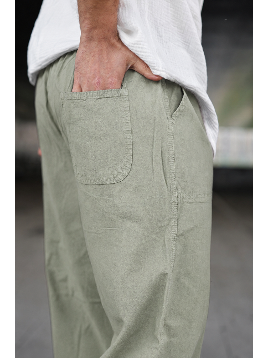 Erkek Trend Basic Bol Paça Ç.yeşil Baggy Keten Pantolon-2