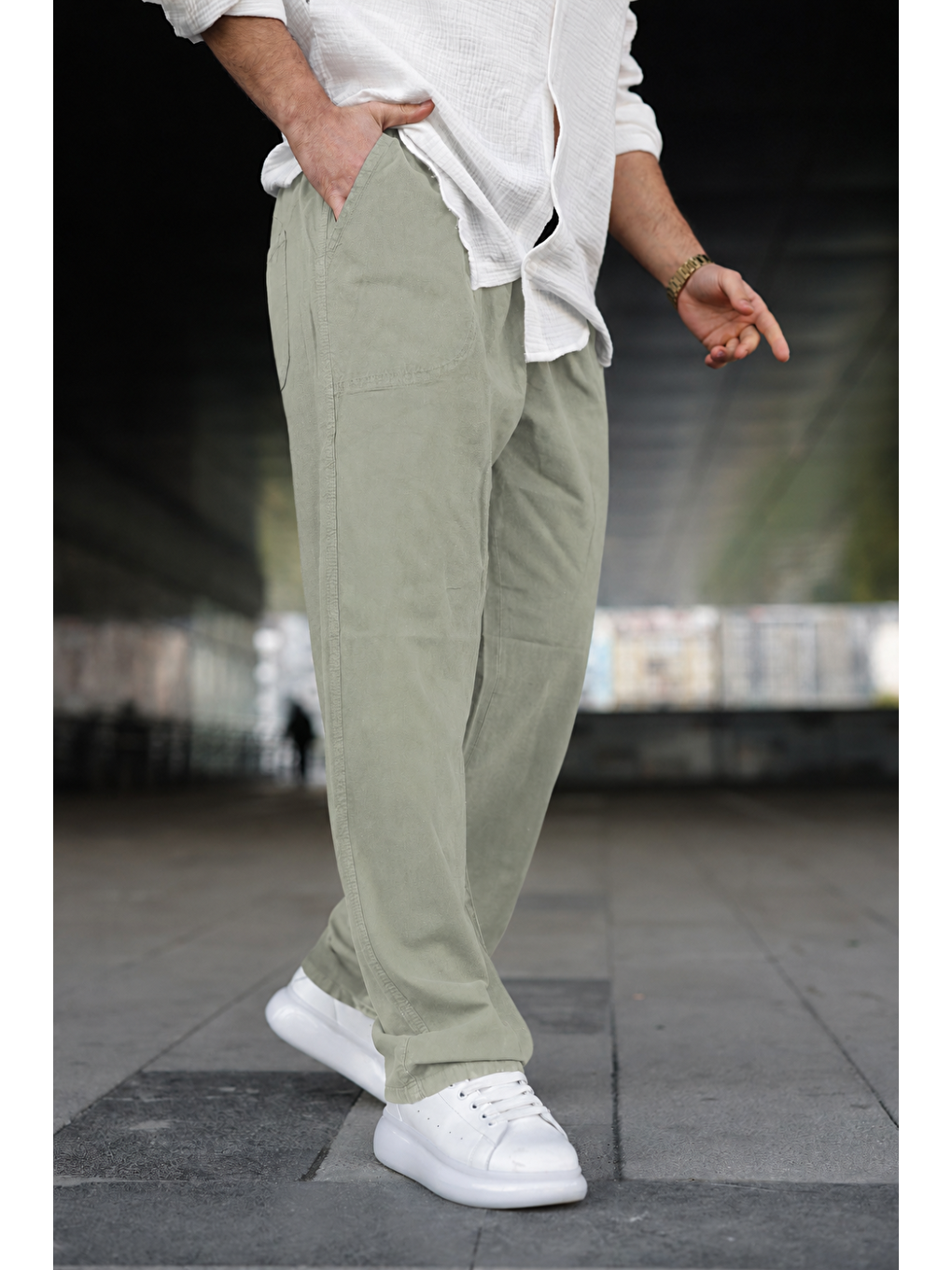 Erkek Trend Basic Bol Paça Ç.yeşil Baggy Keten Pantolon-3