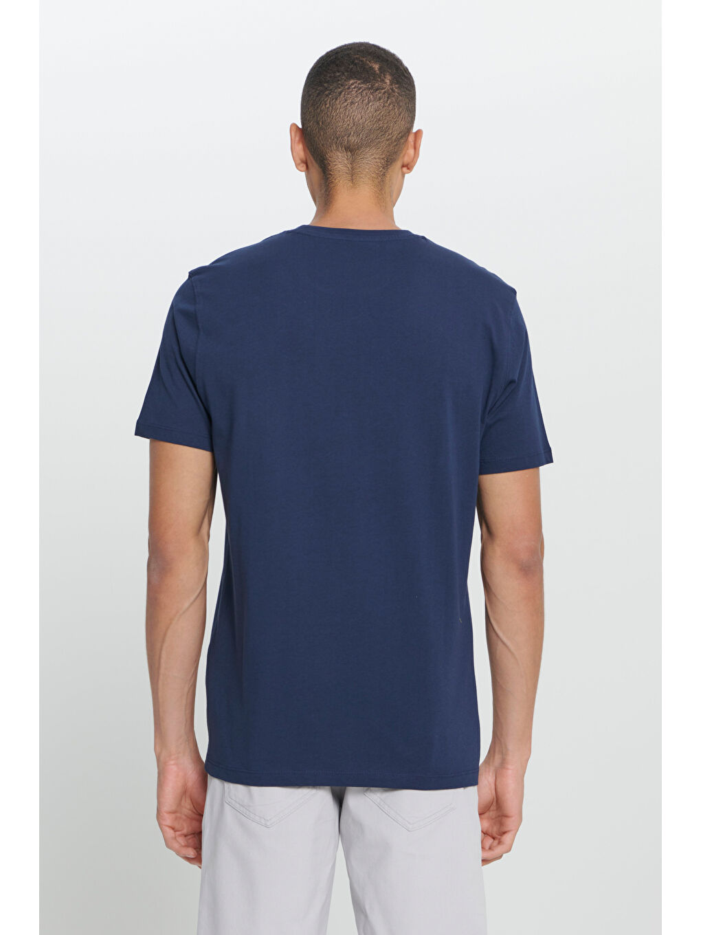Erkek Lacivert Comfort Fit Rahat Kesim %100 Pamuk Bisiklet Yaka Tişört-4