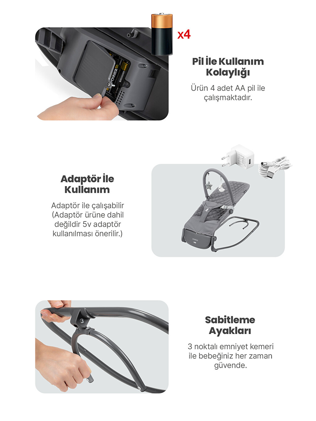 Robin Elektrikli Pilli Ana Kucağı Cool Grey-4