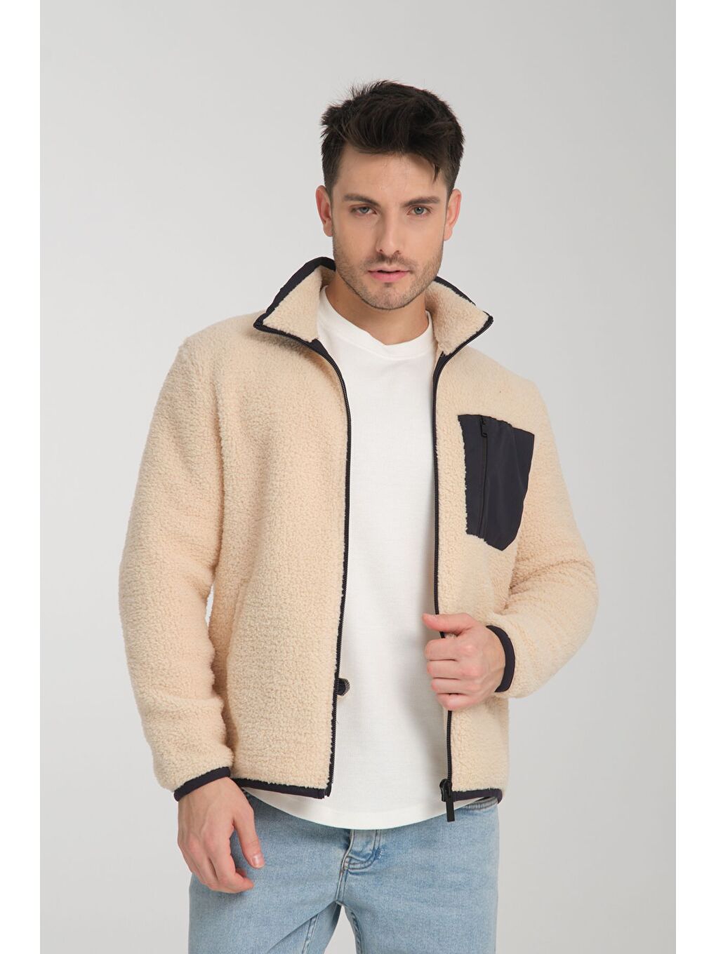 Bej Fermuarlı Dik Yaka Pelüş Sweatshirt