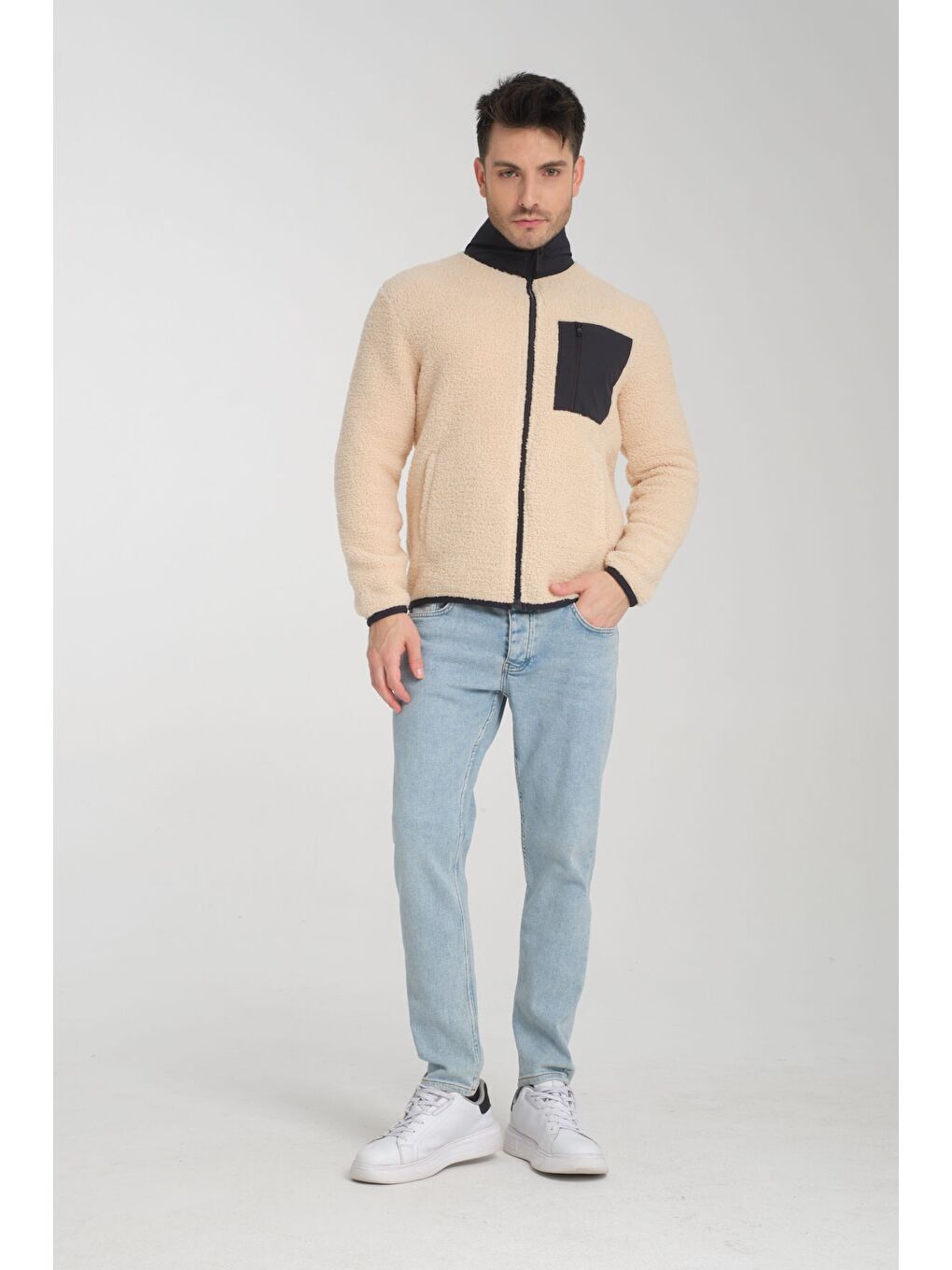 Bej Fermuarlı Dik Yaka Pelüş Sweatshirt-1