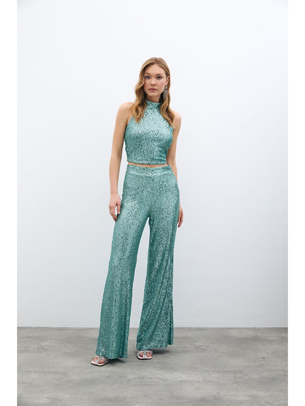 Yeşil Payetli Salaş Pantolon - Mint
