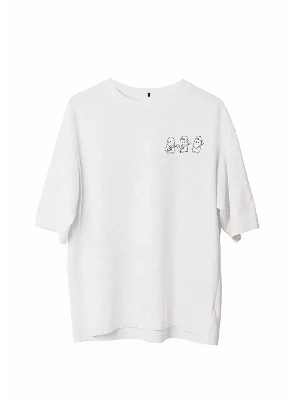 Unisex Bisiklet Yaka Baskılı Oversize T-Shirt - Beyaz