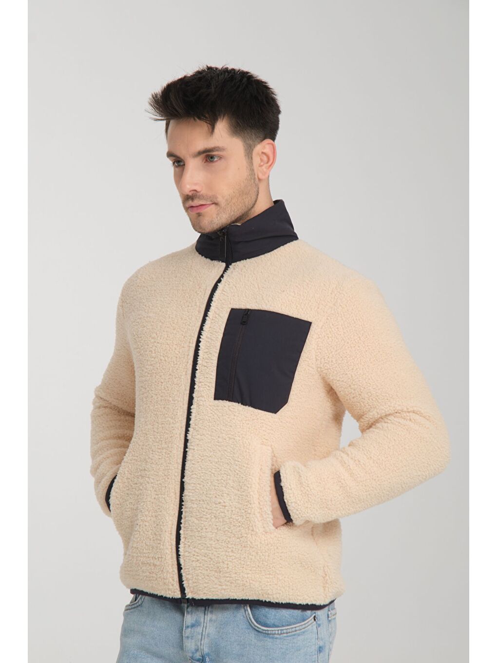 Bej Fermuarlı Dik Yaka Pelüş Sweatshirt-2