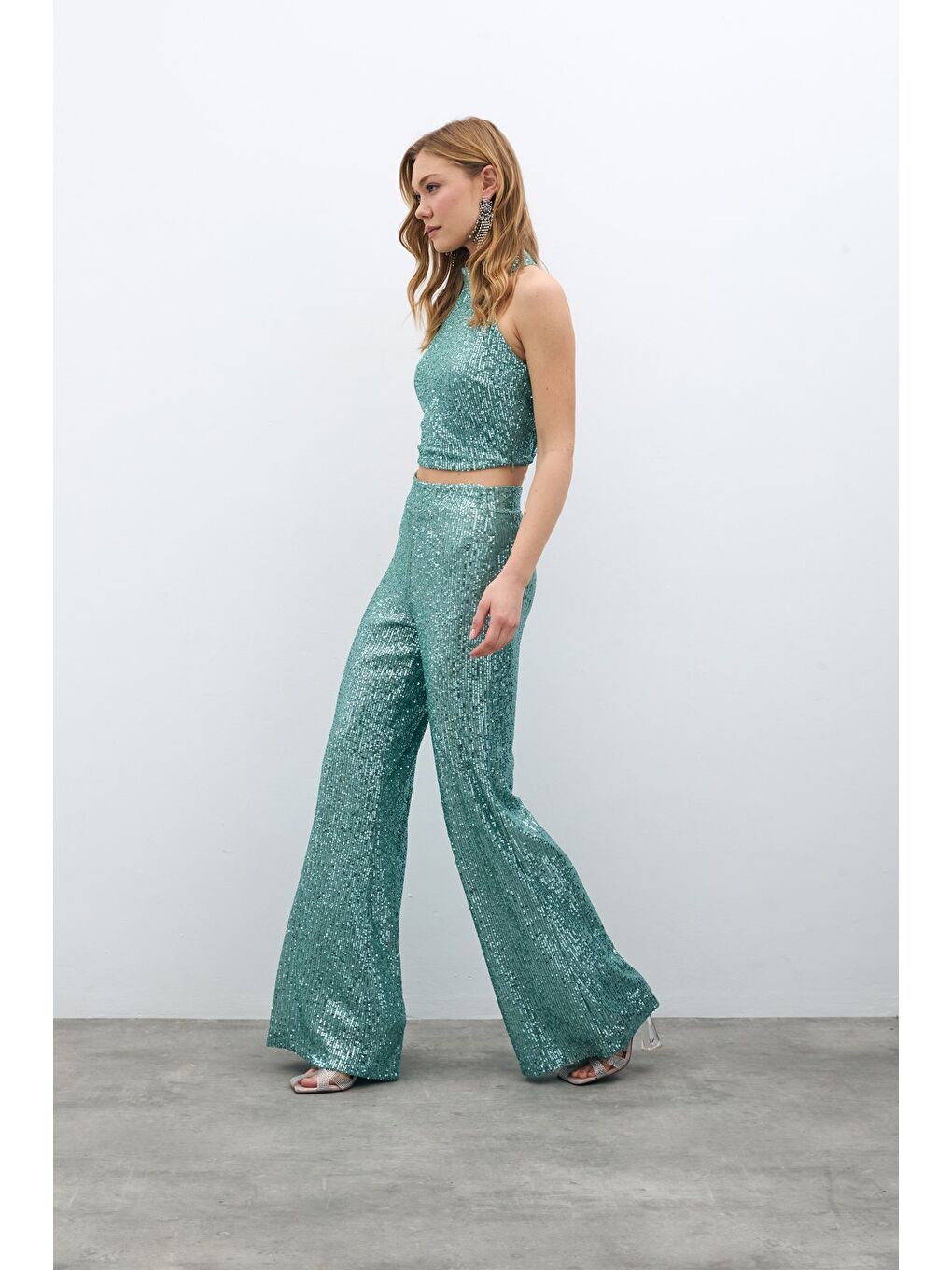 Yeşil Payetli Salaş Pantolon - Mint-1