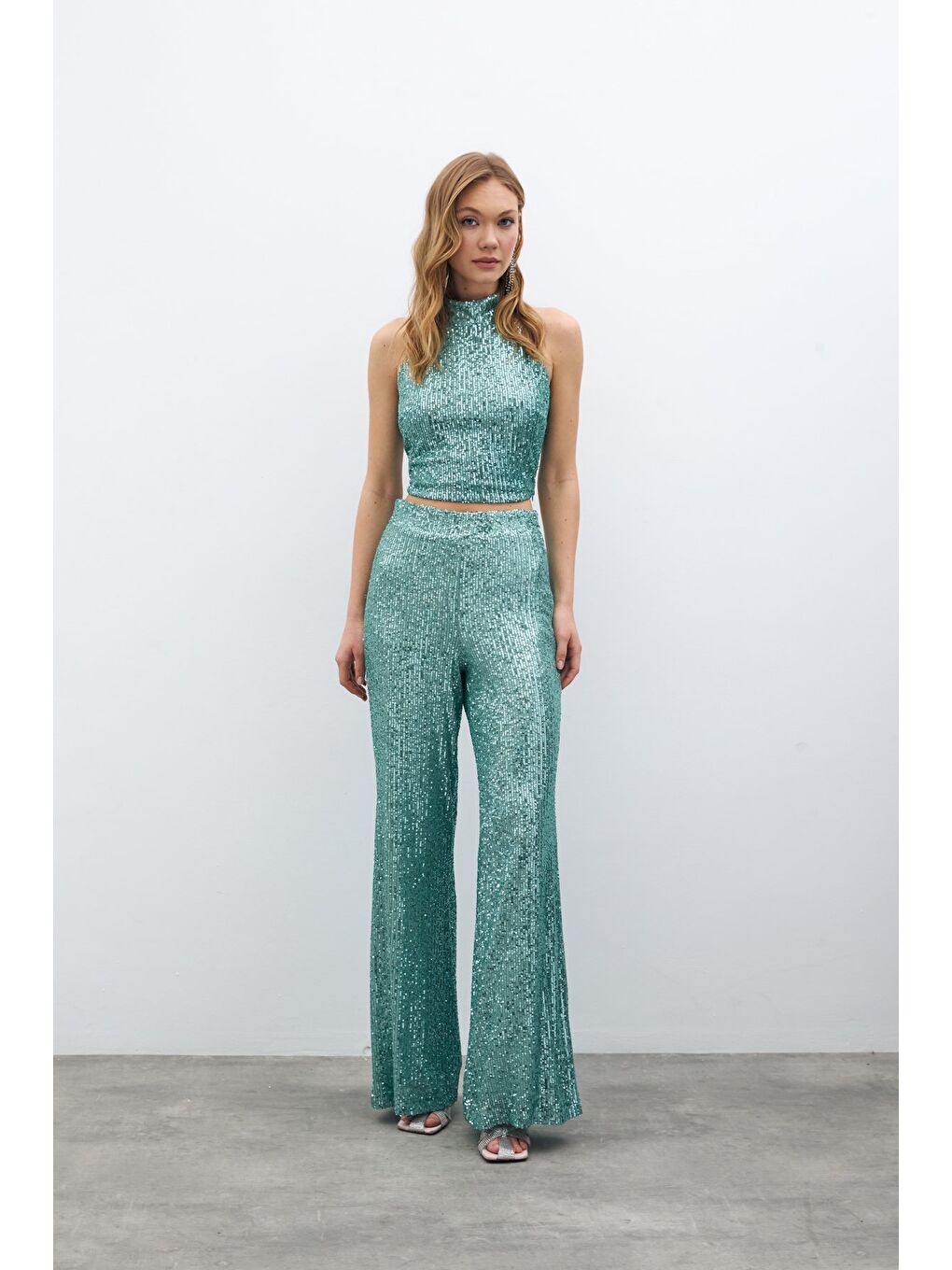 Yeşil Payetli Salaş Pantolon - Mint-2