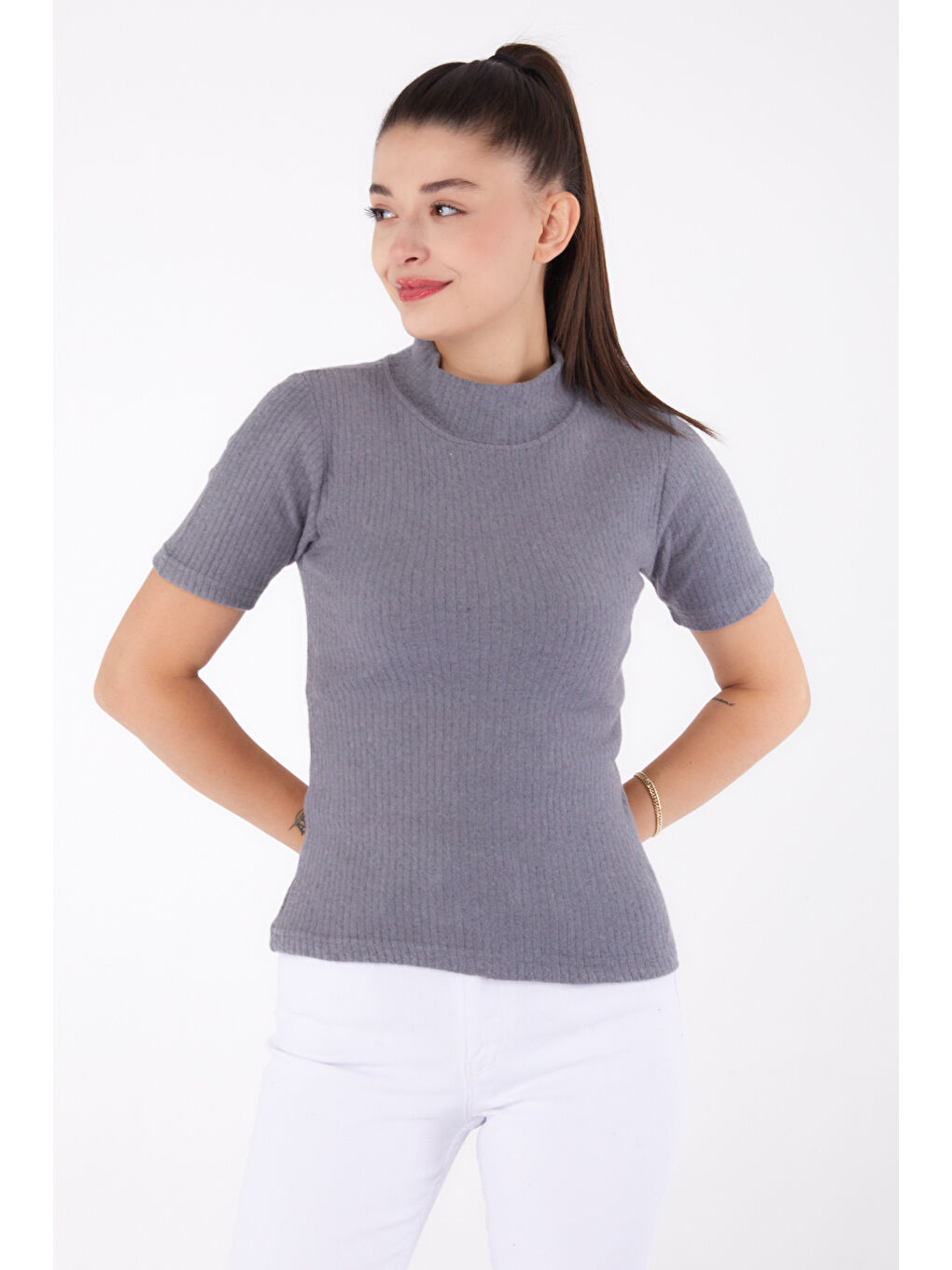 Gri Kısa Kollu Bluz Füme - 26315
