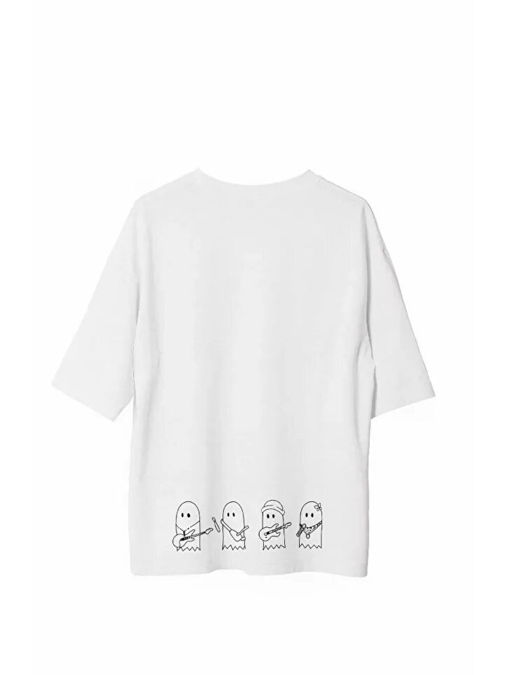 Unisex Bisiklet Yaka Baskılı Oversize T-Shirt - Beyaz-1