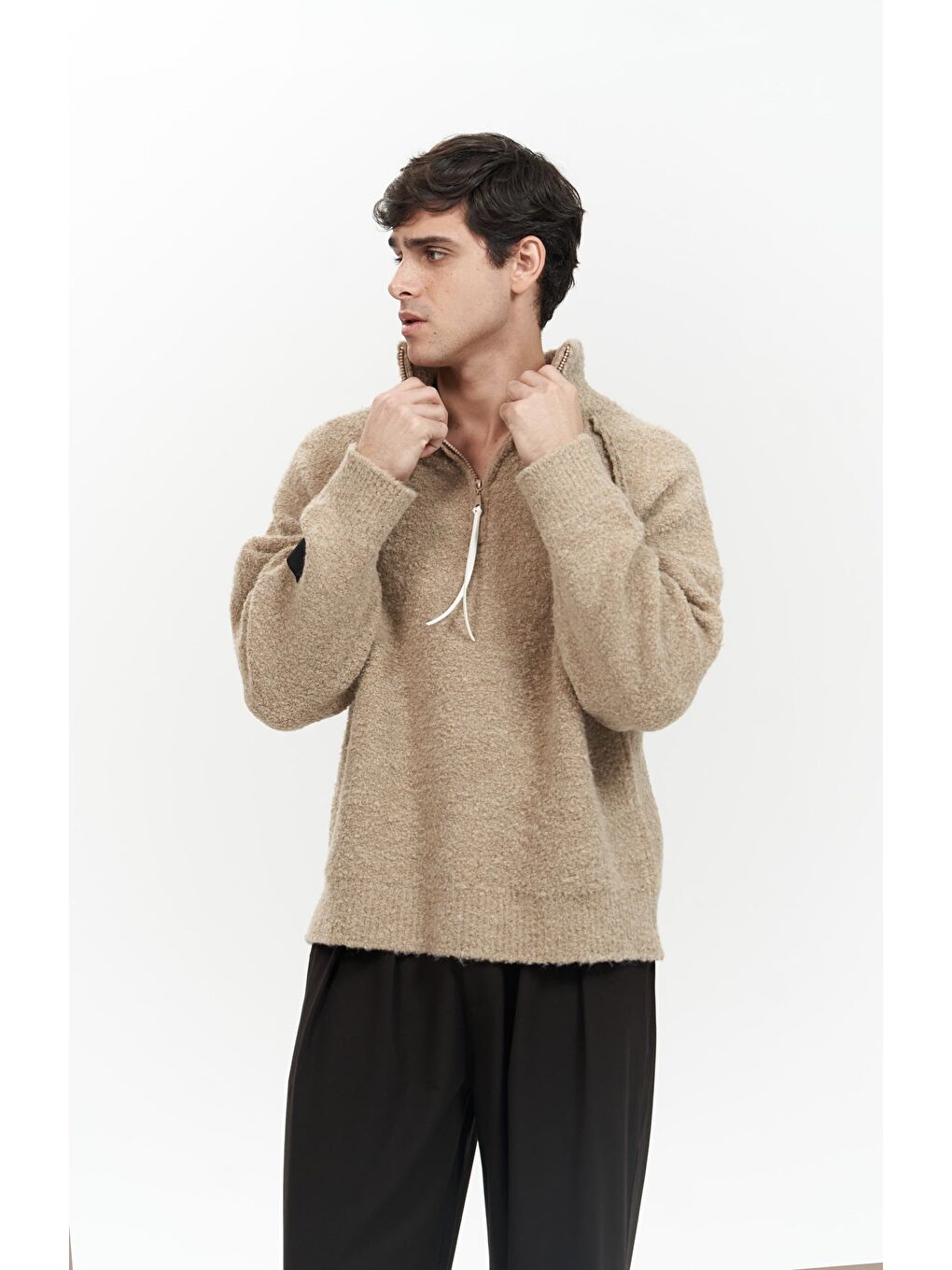 Bej Zane Fermuar Detay Vizon Erkek Triko Kazak