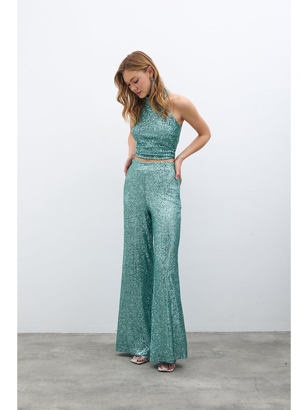 Yeşil Payetli Salaş Pantolon - Mint-3