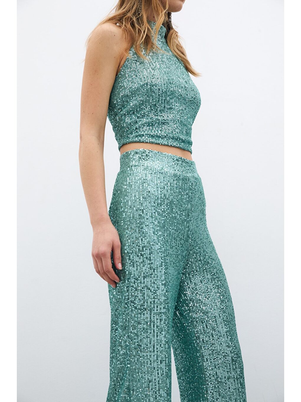 Yeşil Payetli Salaş Pantolon - Mint-4