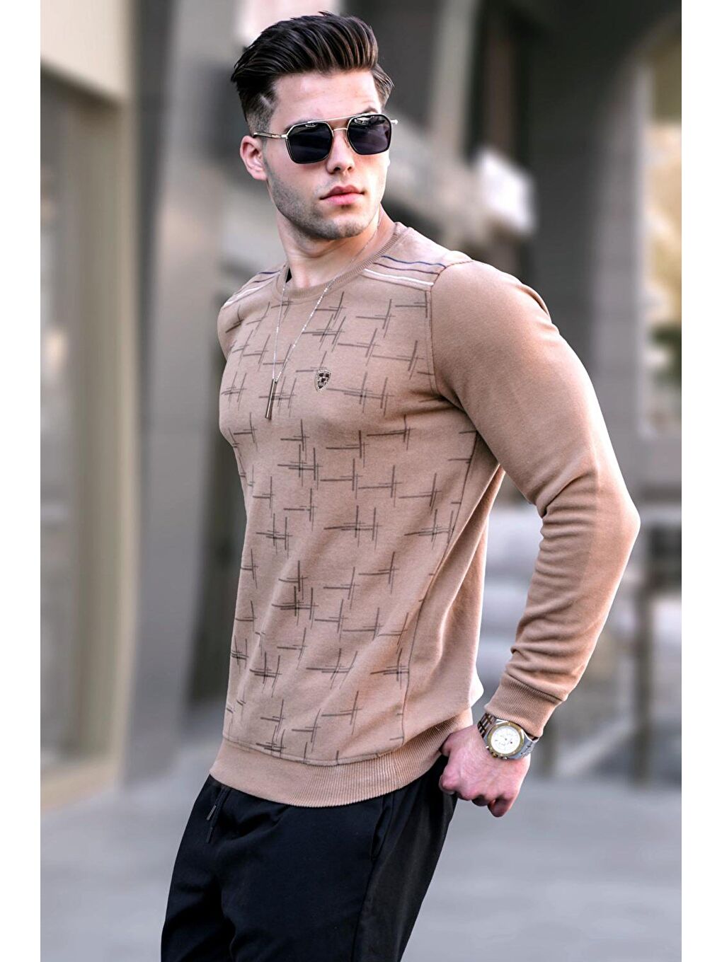 Kahverengi Bisküvi Desenli Bisiklet Yaka Triko Kazak 5968