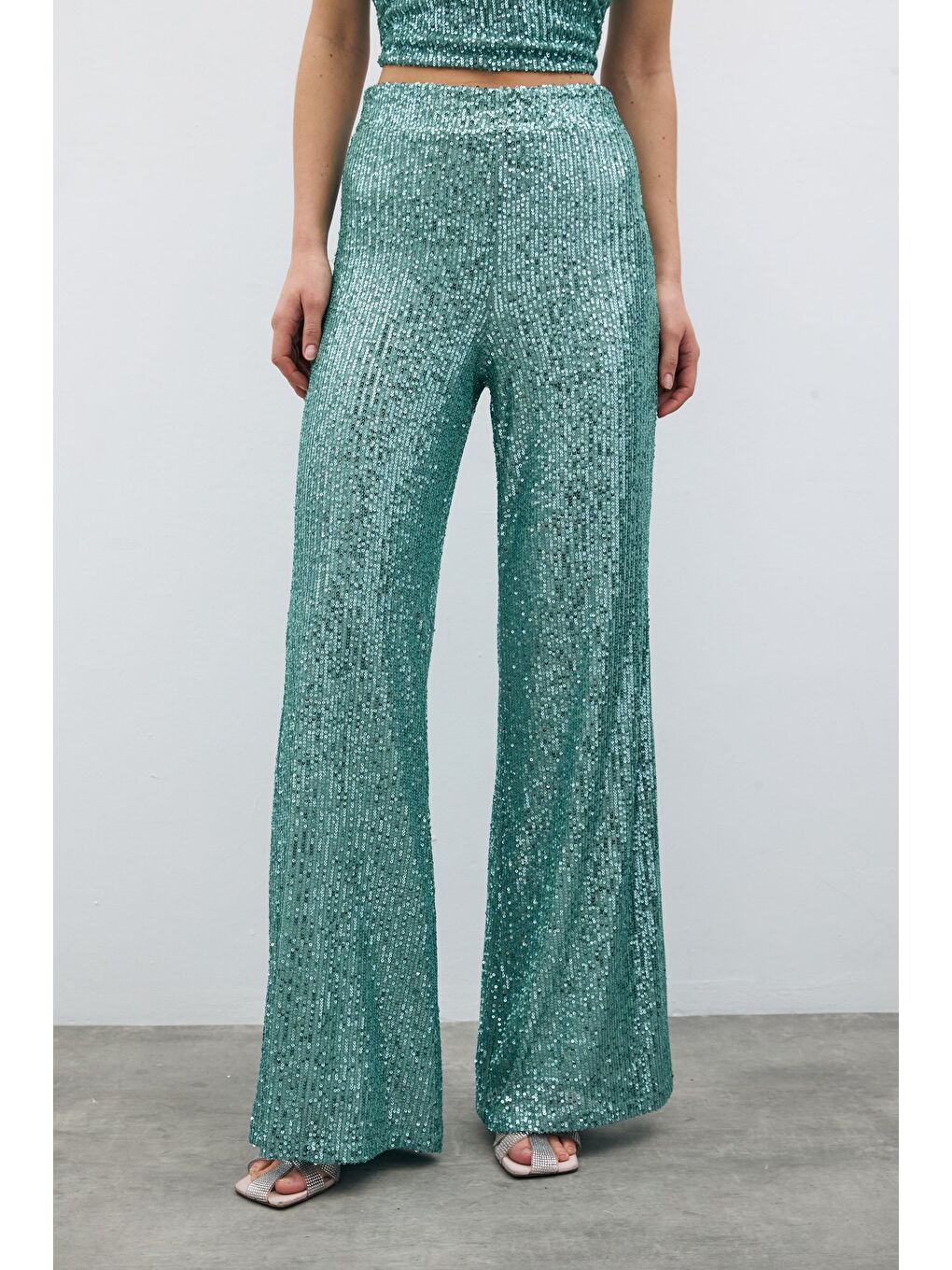 Yeşil Payetli Salaş Pantolon - Mint-5