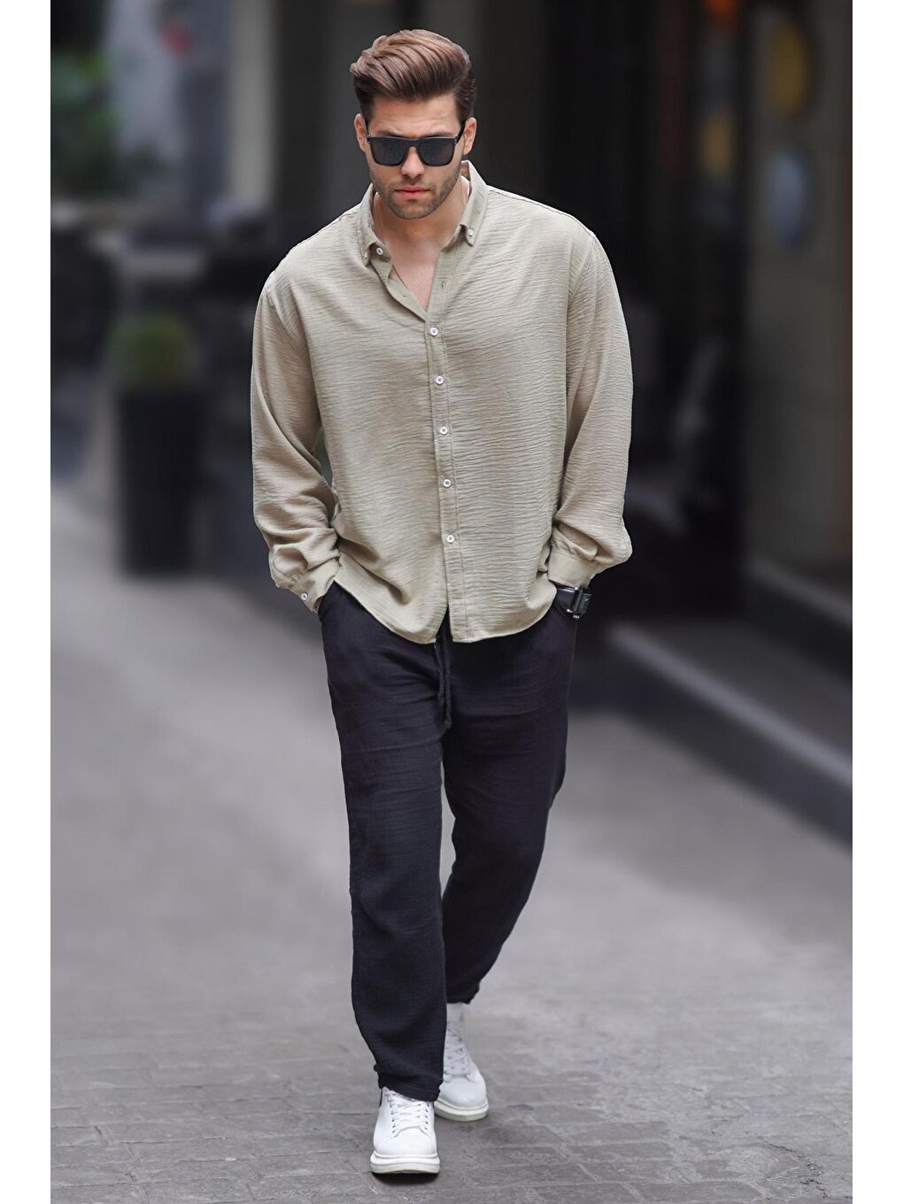 Mint Yeşili Uzun Kollu Oversize Erkek %100 Pamuk Gömlek 6735-1