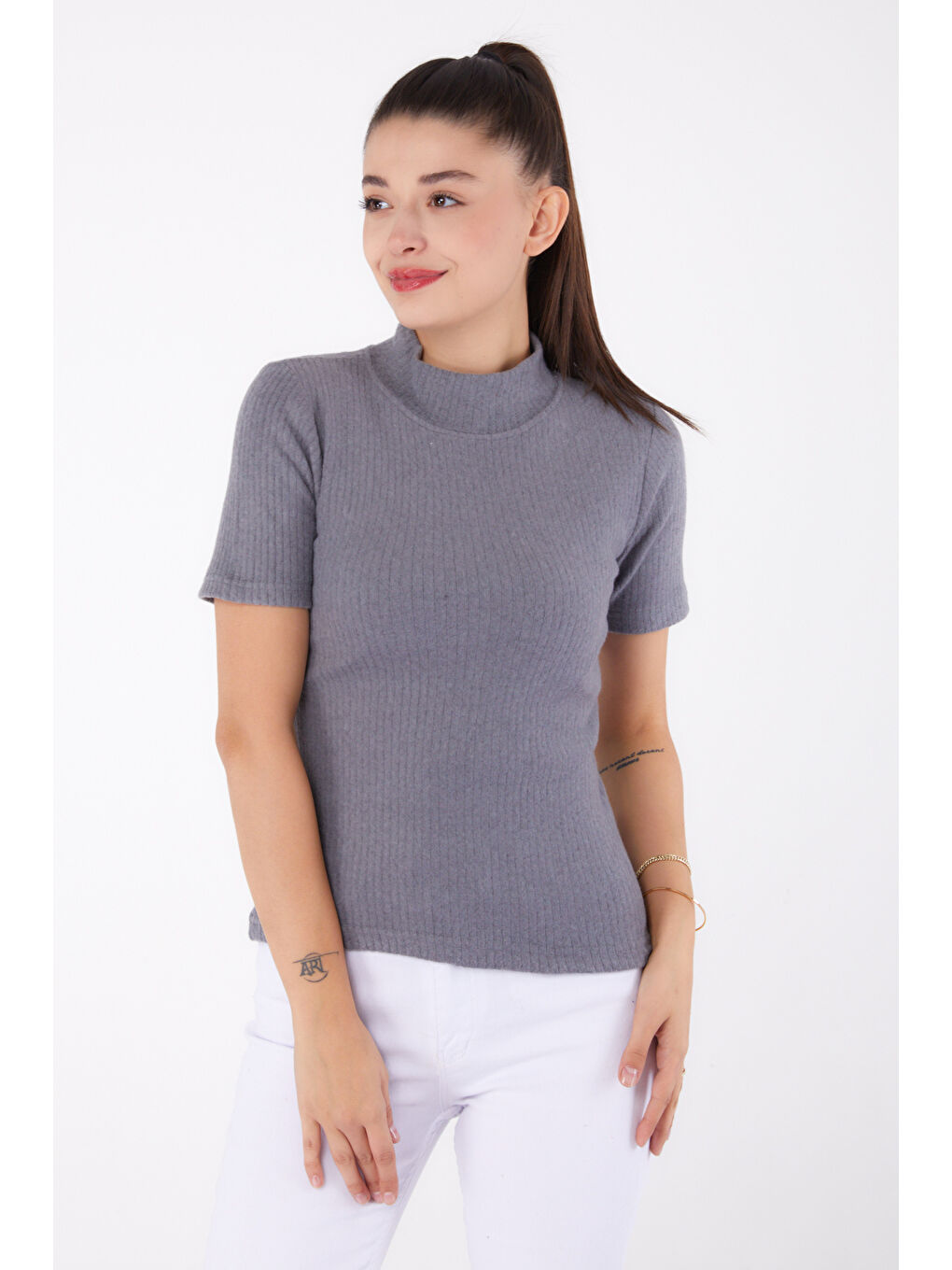 Gri Kısa Kollu Bluz Füme - 26315-1