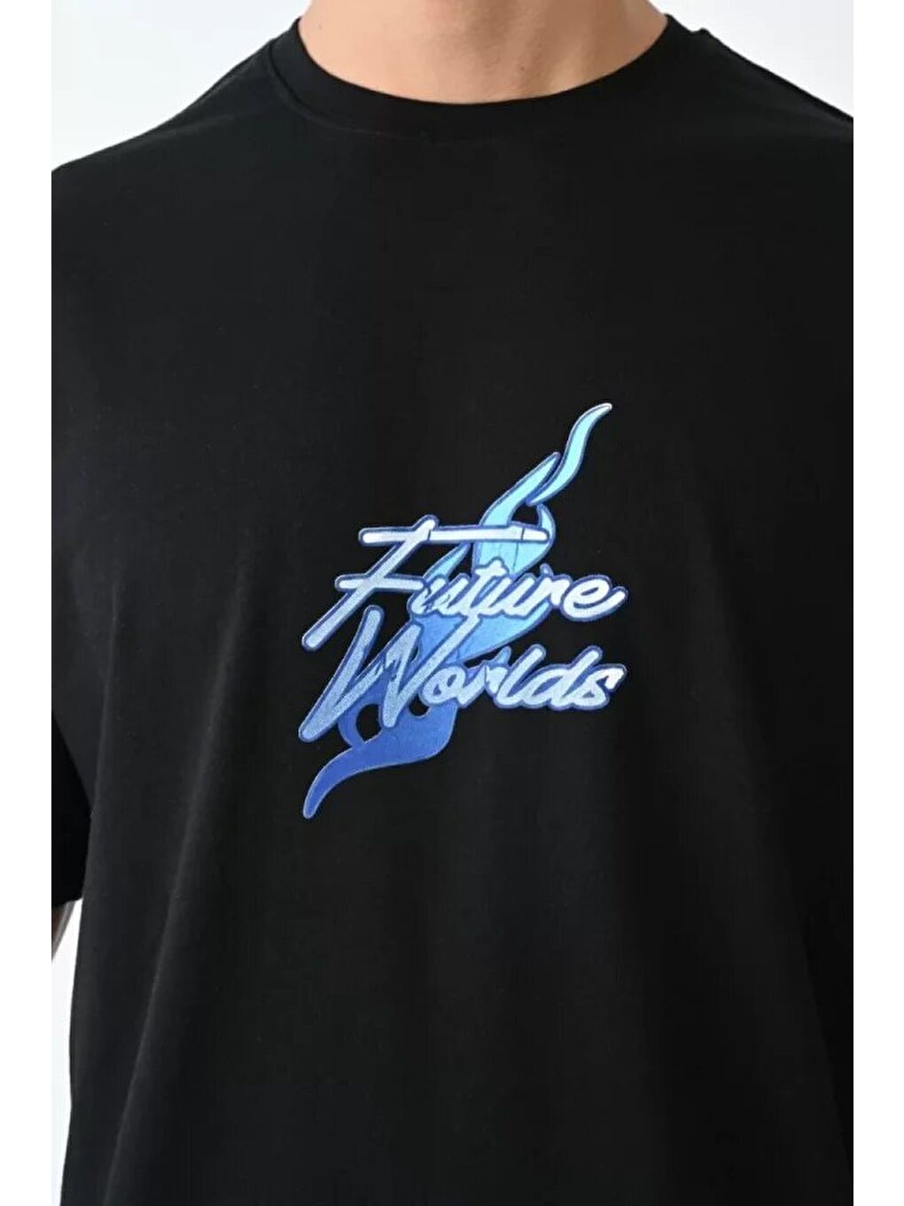 Unisex Bisiklet Yaka Baskılı Oversize T-Shirt - Siyah-1