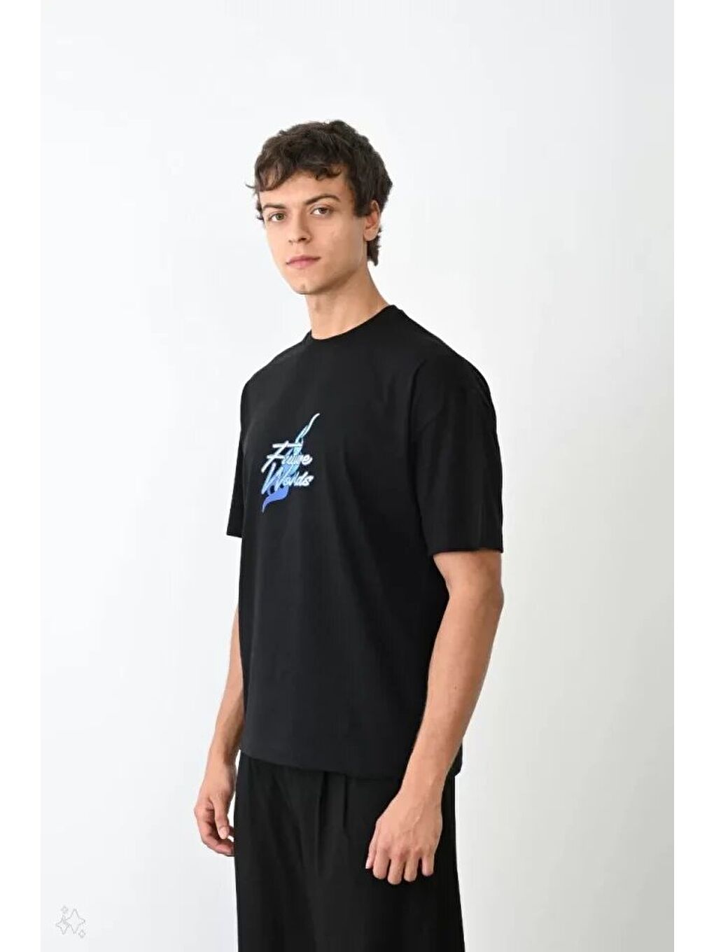 Unisex Bisiklet Yaka Baskılı Oversize T-Shirt - Siyah-2