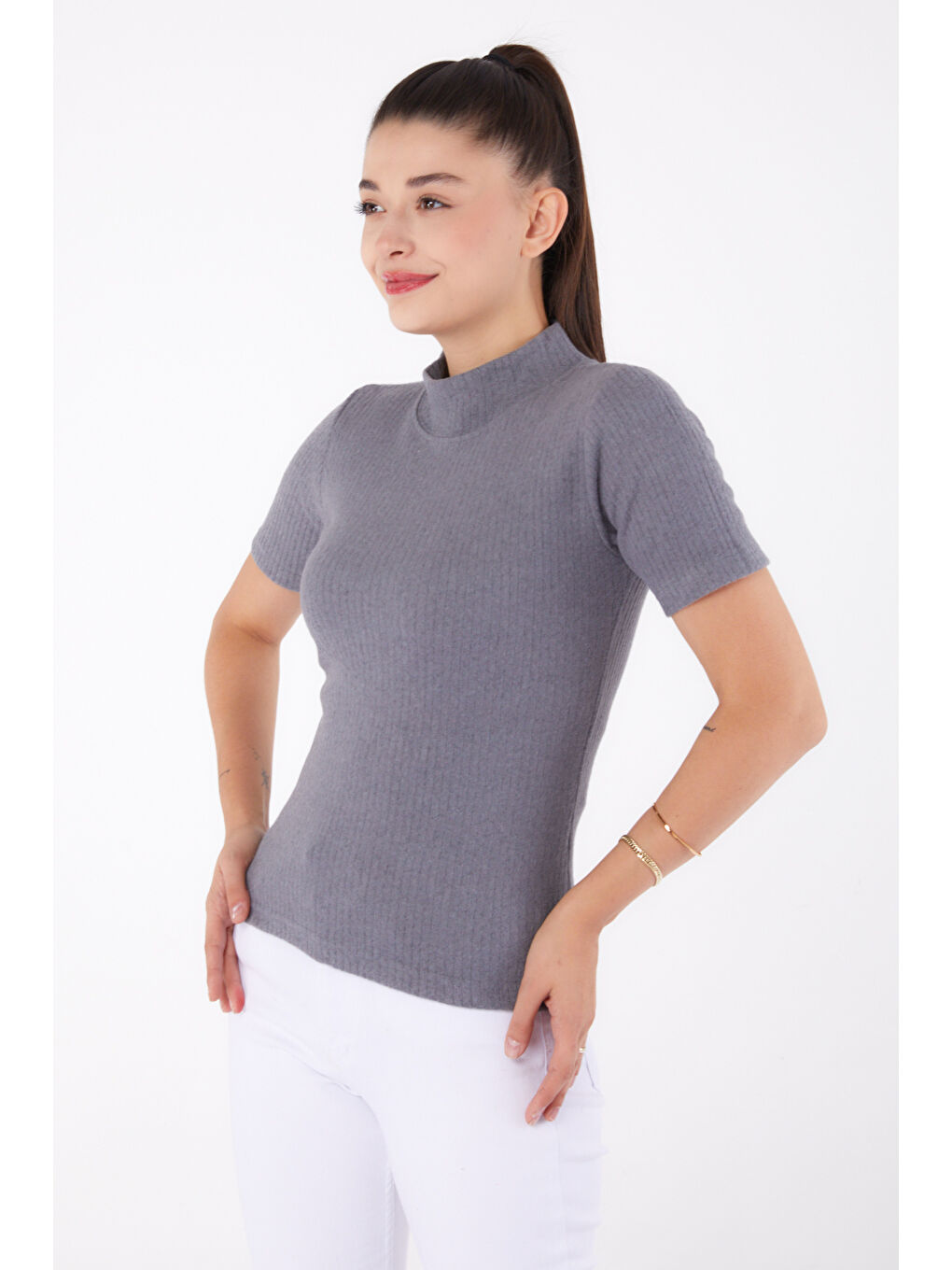 Gri Kısa Kollu Bluz Füme - 26315-2