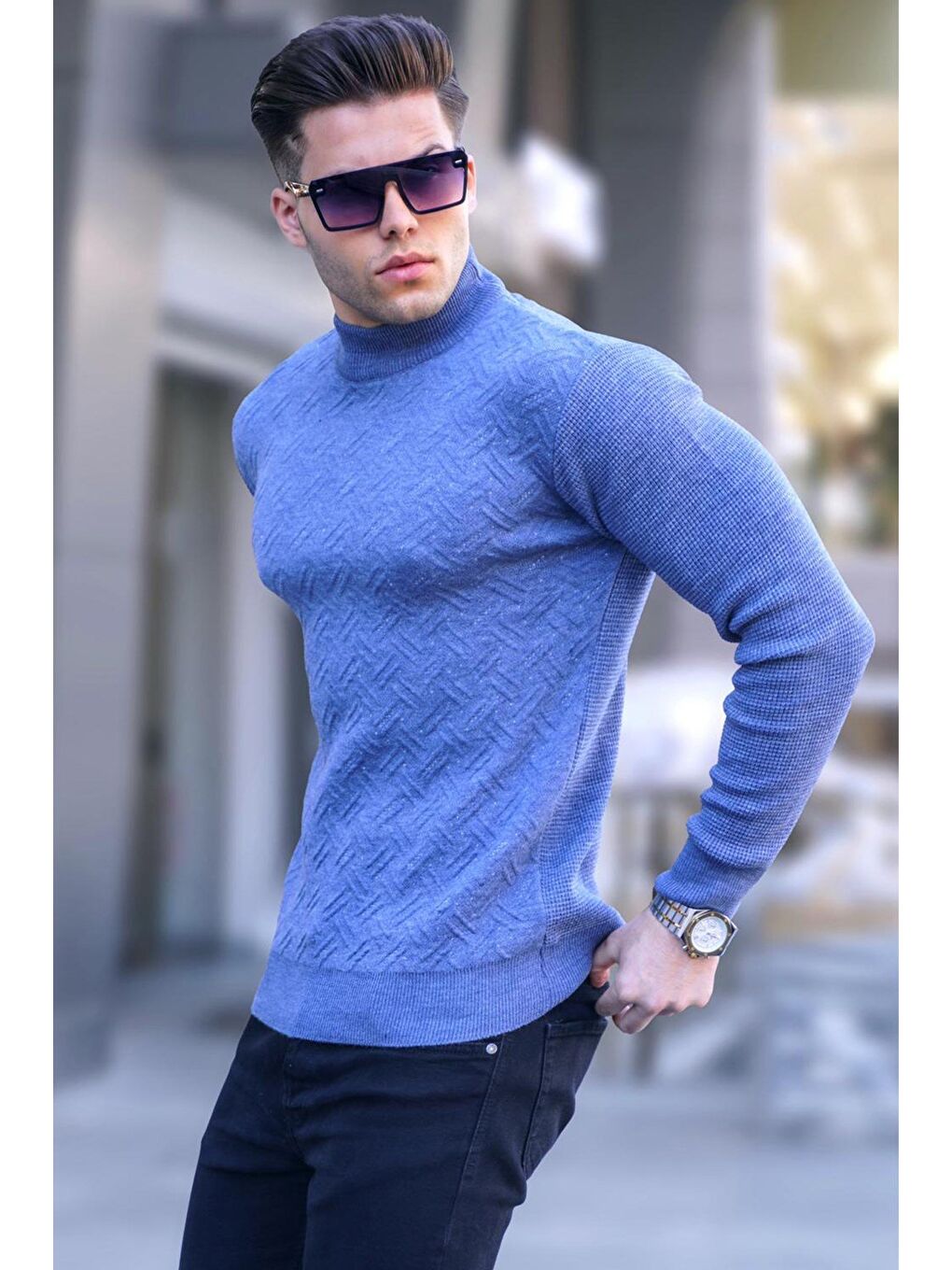 Havacı Mavi Yarım Balıkçı Yaka Triko Kazak 5969