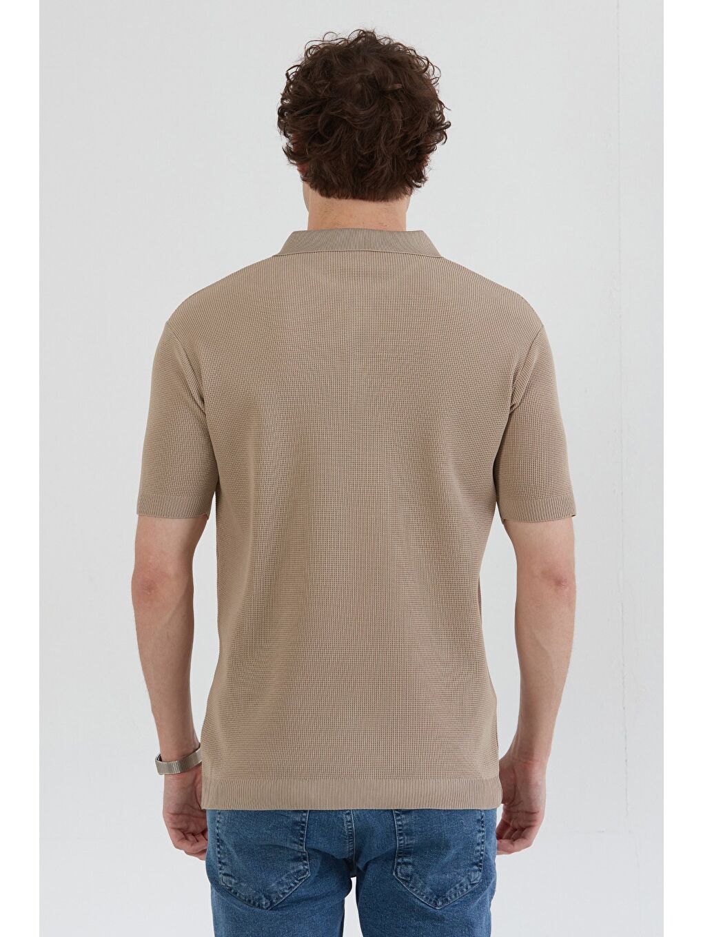 Bej Waffle Kumaş Polo Yaka Yarım Fermuarlı Triko Tişört-3