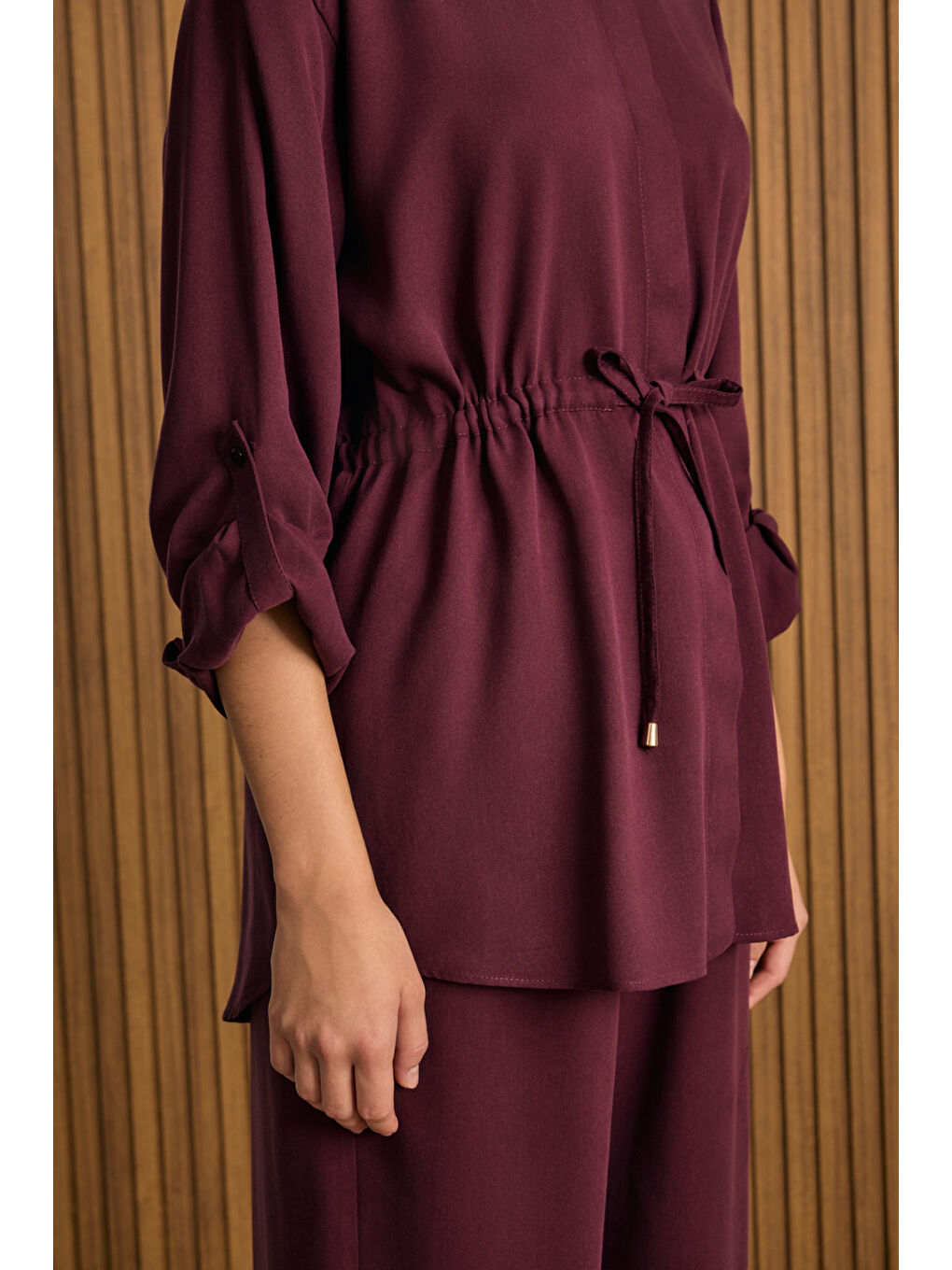 Bordo Beli Bağcıklı Lyocell Tunik-4