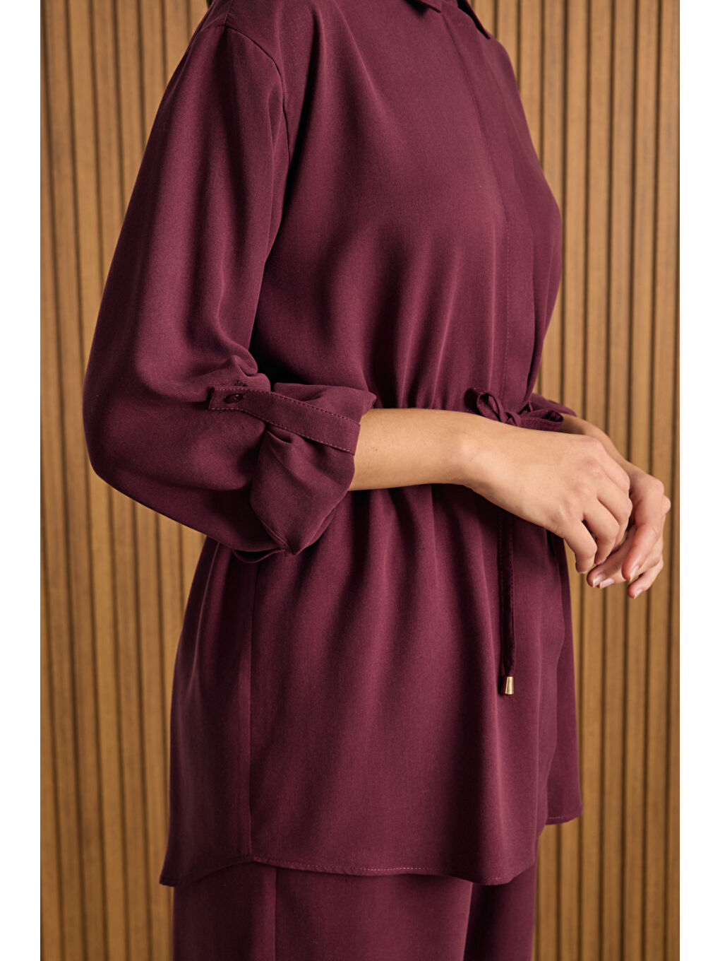 Bordo Beli Bağcıklı Lyocell Tunik-5