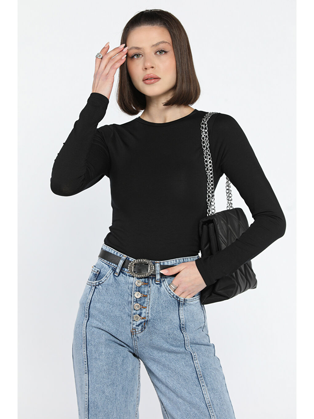Gülseli Siyah Bisiklet Yaka Kadın Body Bluz