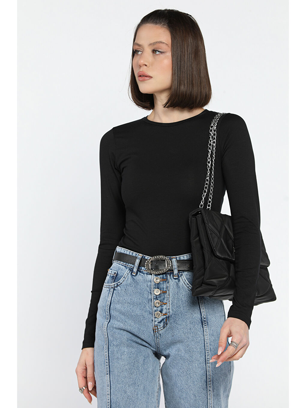 Gülseli Siyah Bisiklet Yaka Kadın Body Bluz - 1