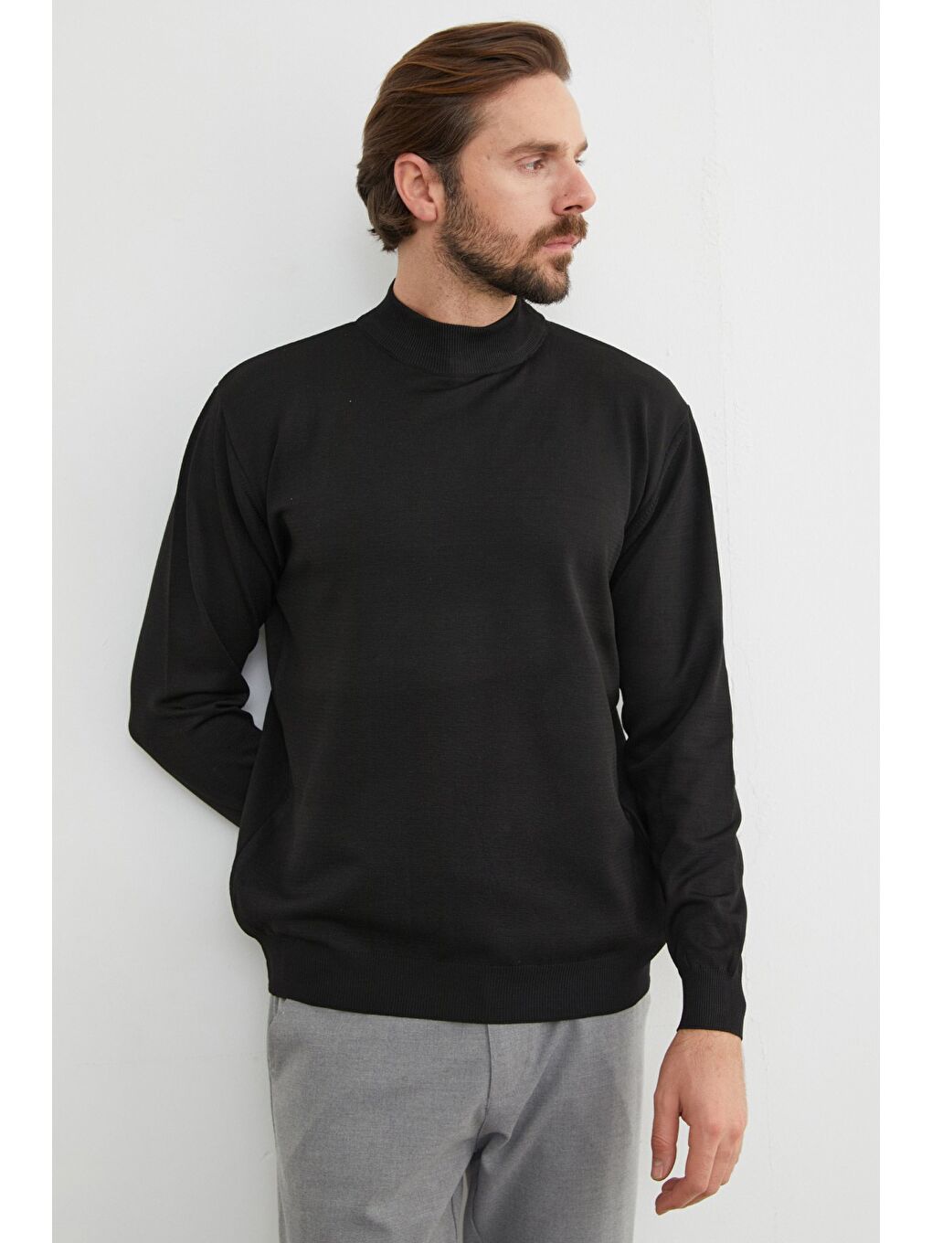 Siyah Basic Dik Yaka Triko Kazak-3