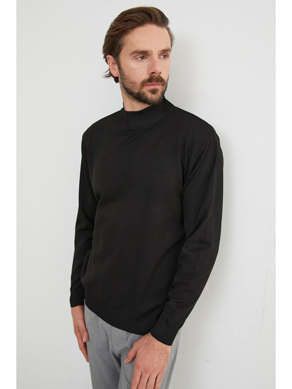 Siyah Basic Dik Yaka Triko Kazak-4