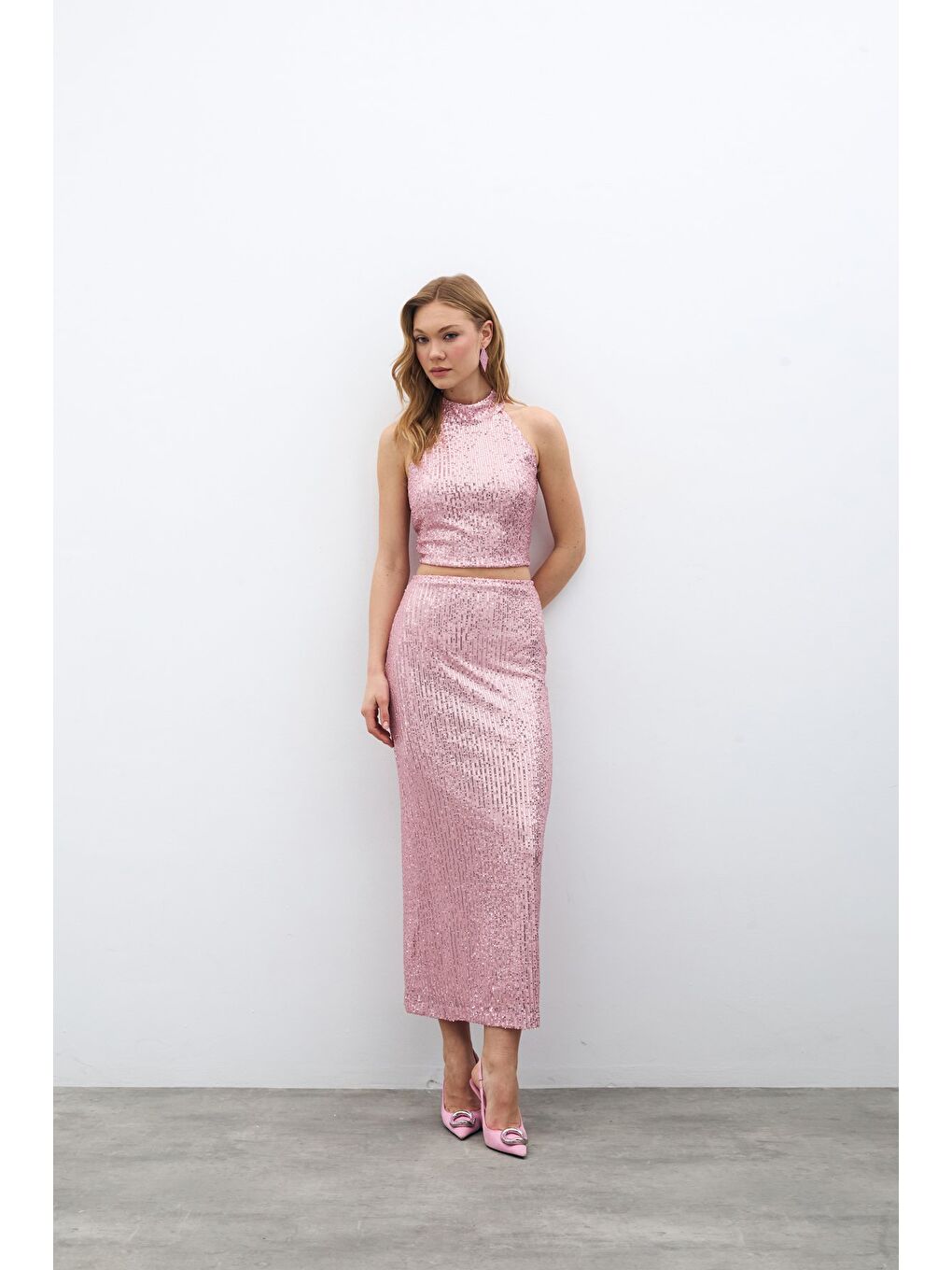 Pembe Fermuarlı Karolin Midi Etek - Pudra