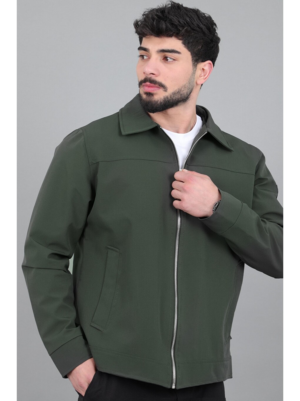 Haki Yakalı Fermuarlı Mevsimlik Mont PLDP 3033_60390-1
