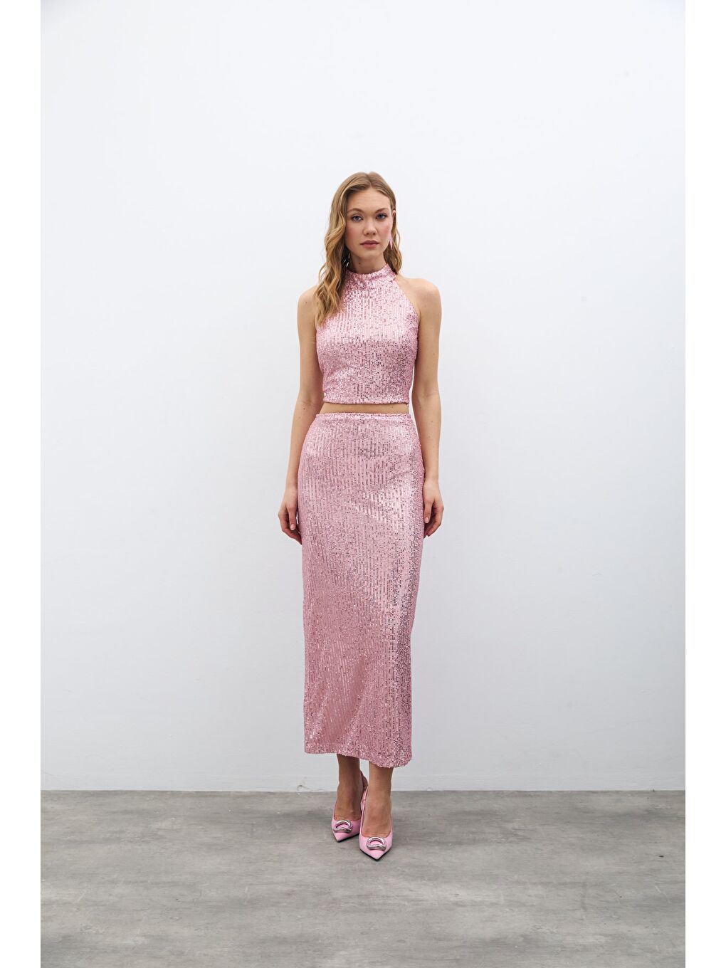 Pembe Fermuarlı Karolin Midi Etek - Pudra-1