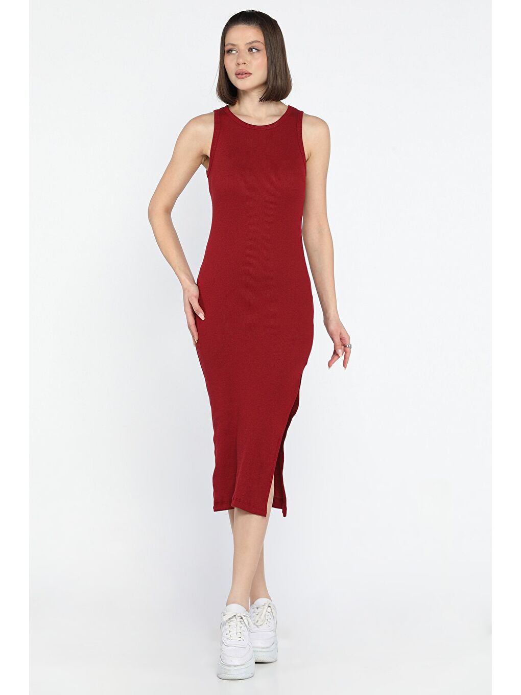 Bordo Kadın Bisiklet Yaka Kolsuz Yırtmaçlı Kaşkorse Elbise-1