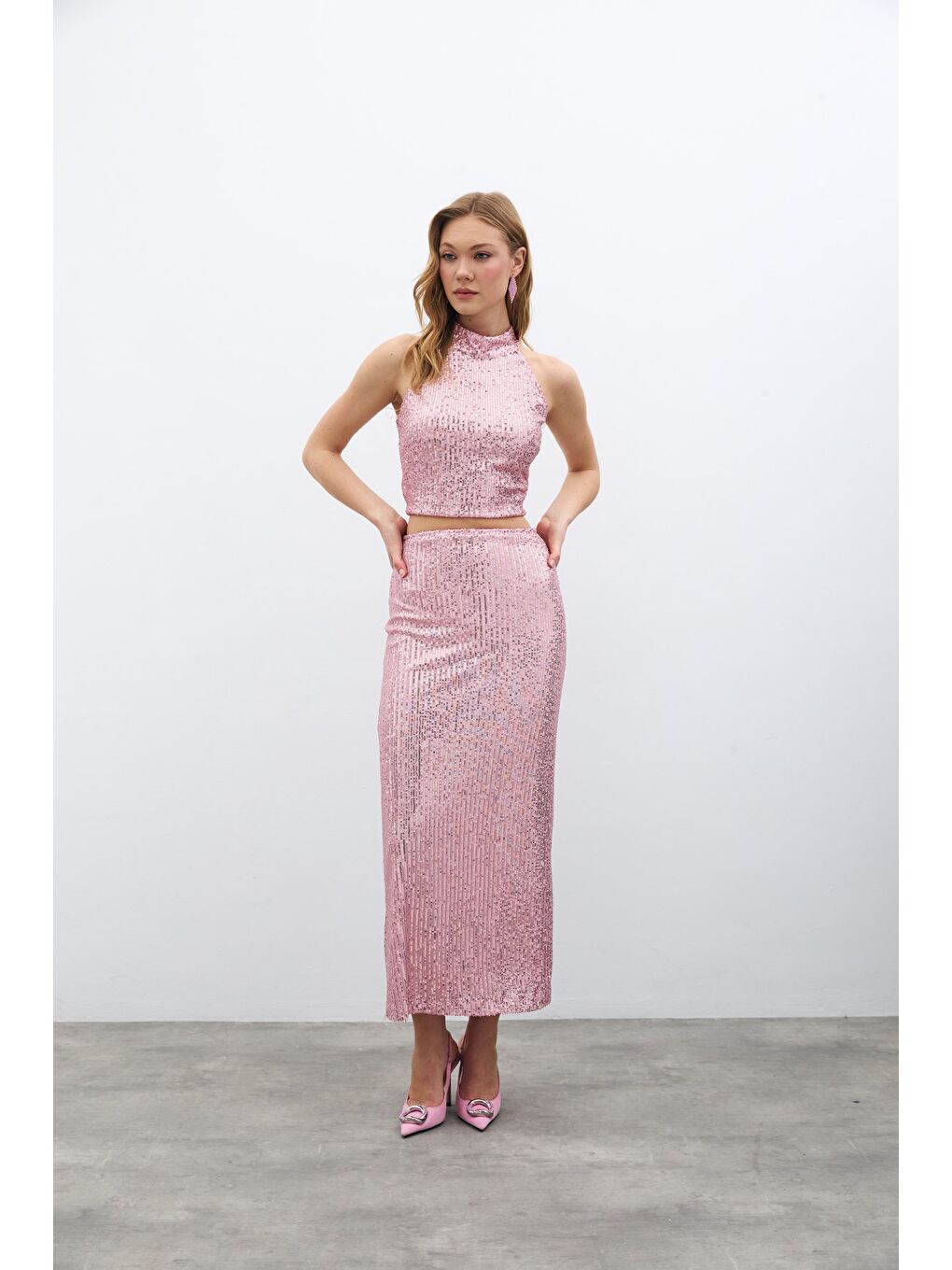 Pembe Fermuarlı Karolin Midi Etek - Pudra-2