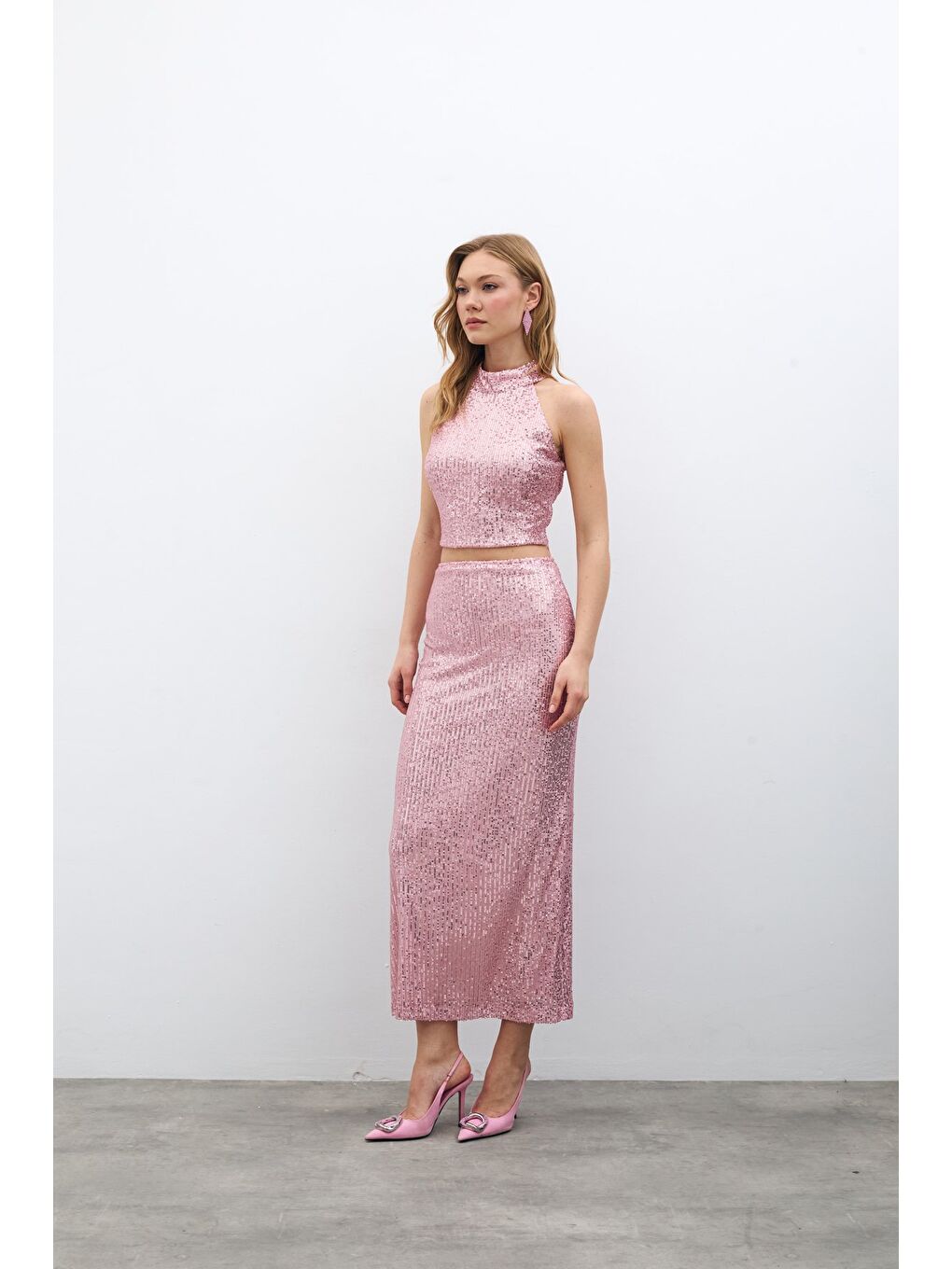 Pembe Fermuarlı Karolin Midi Etek - Pudra-3