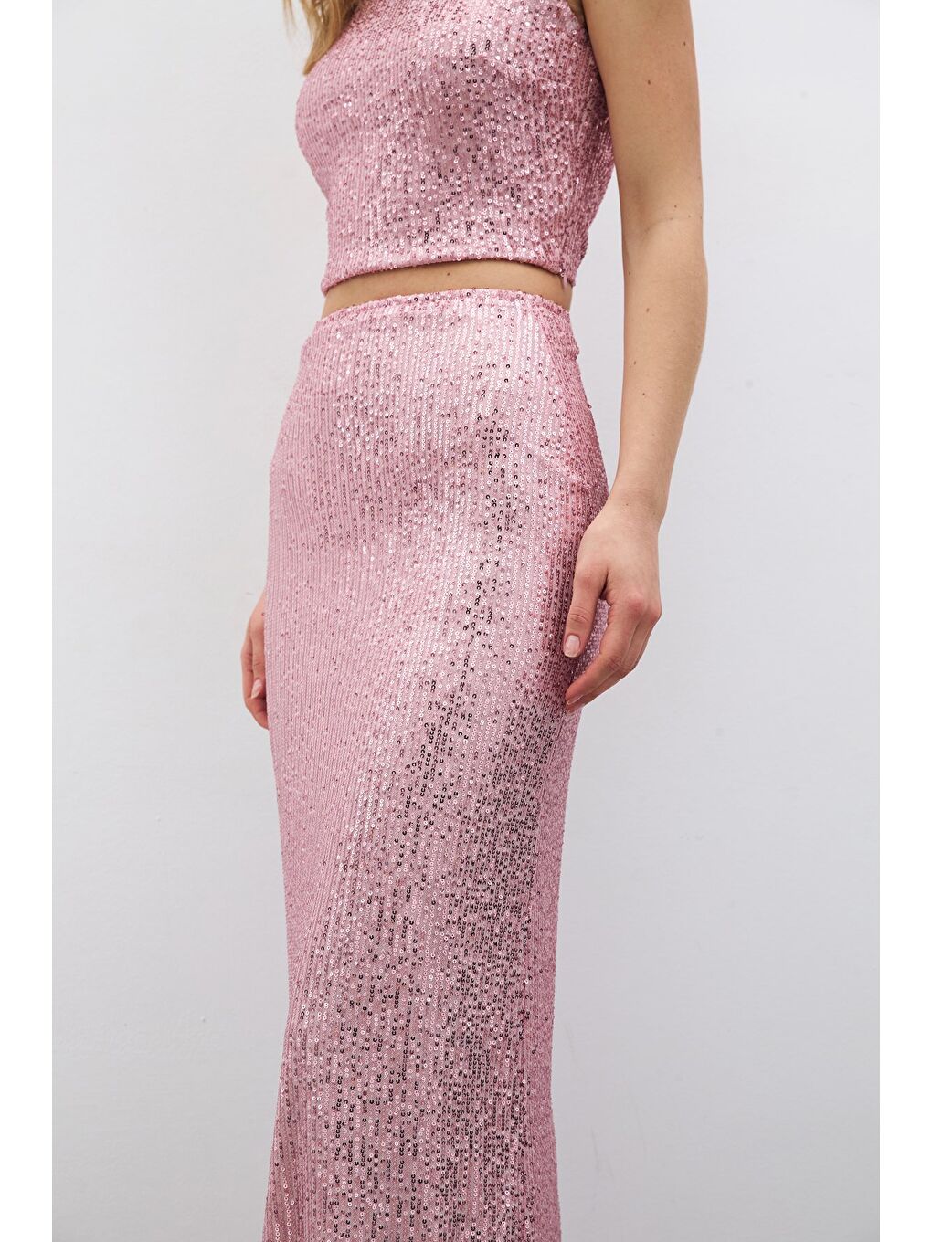 Pembe Fermuarlı Karolin Midi Etek - Pudra-4